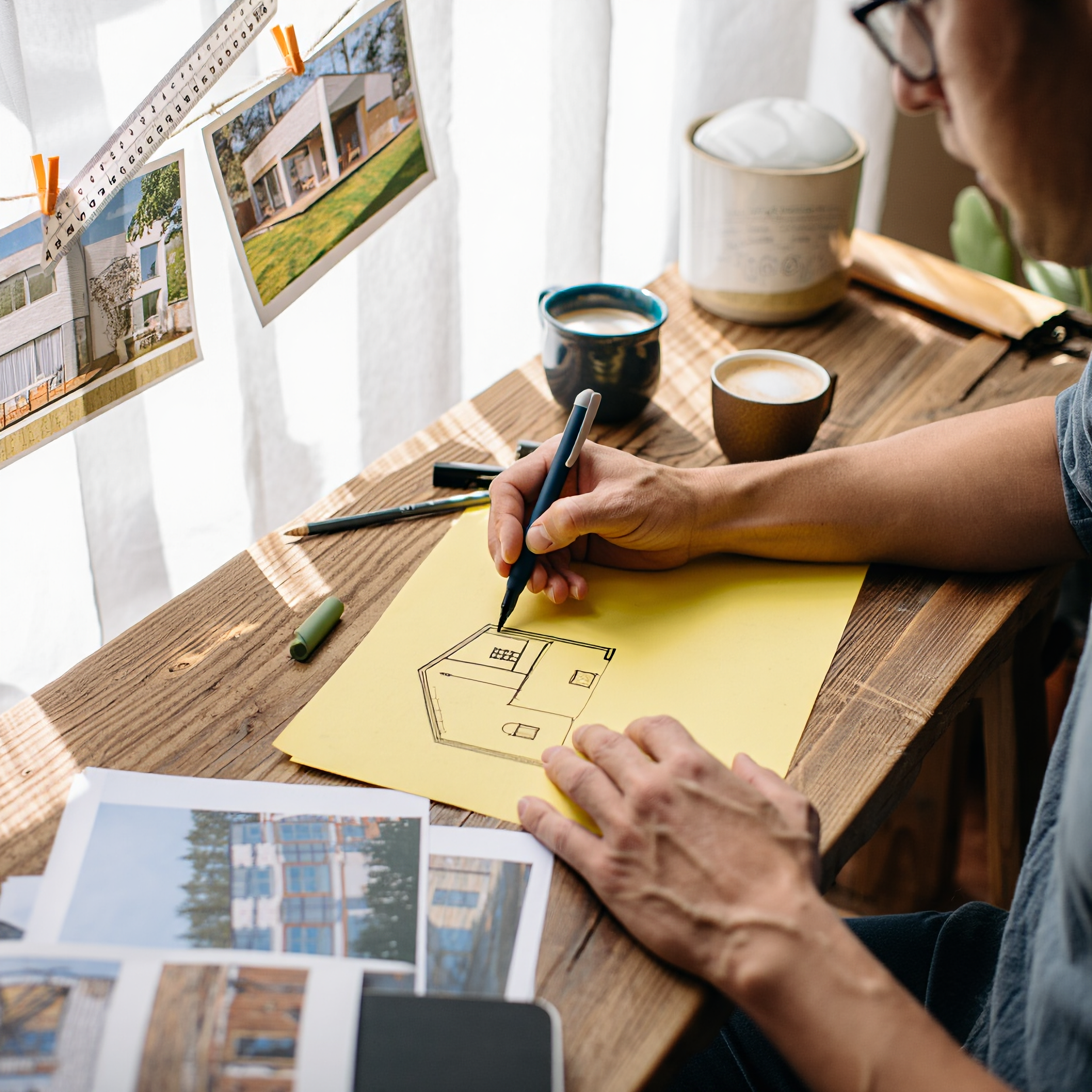 A person sketching a floor plan on a yellow sheet of paper at a wooden desk, with photos and printed images of house designs and a model house on the desk, and a ledge with attached photographs of architecture in the background.