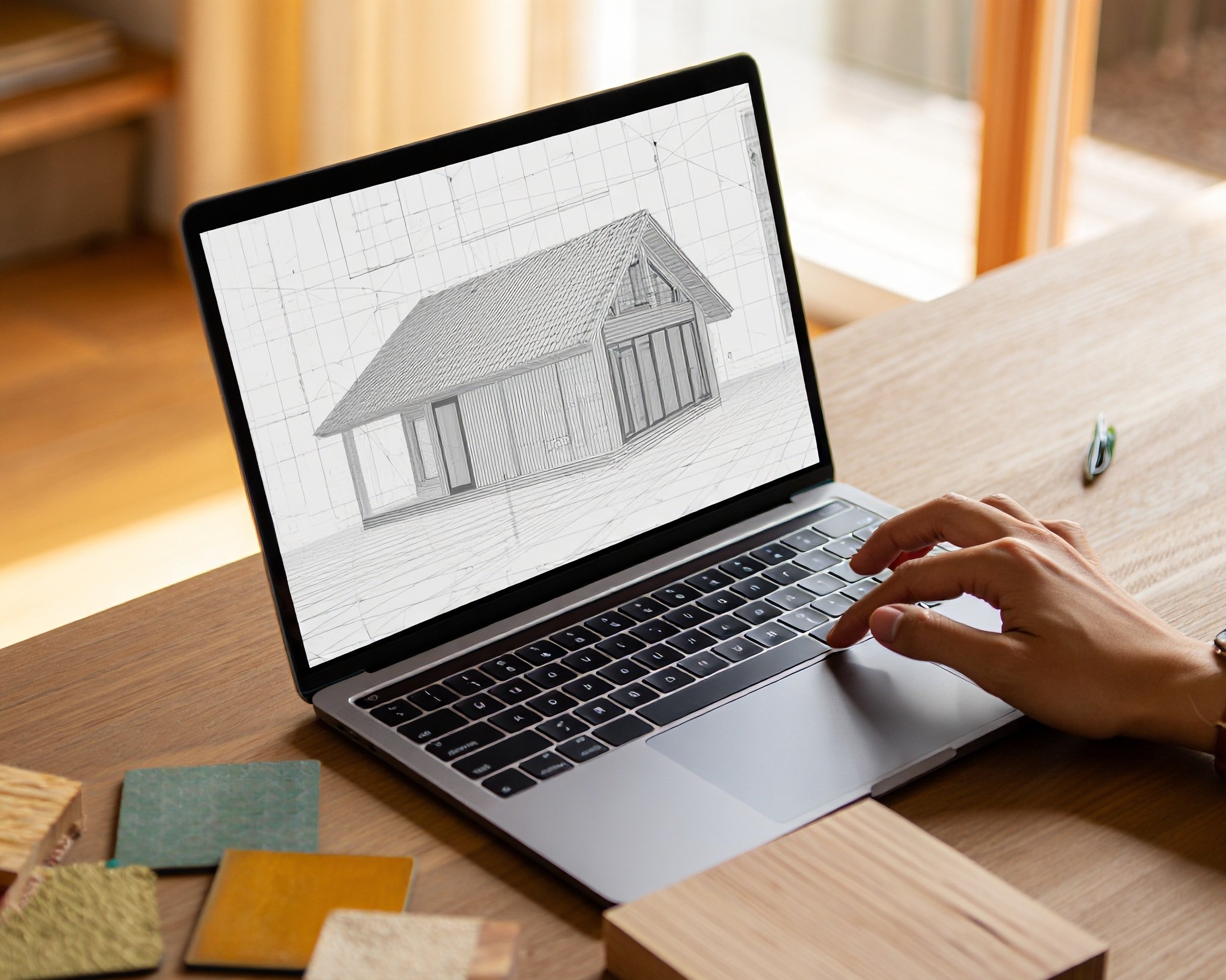 A person working on a laptop displaying a sketch of a house design.