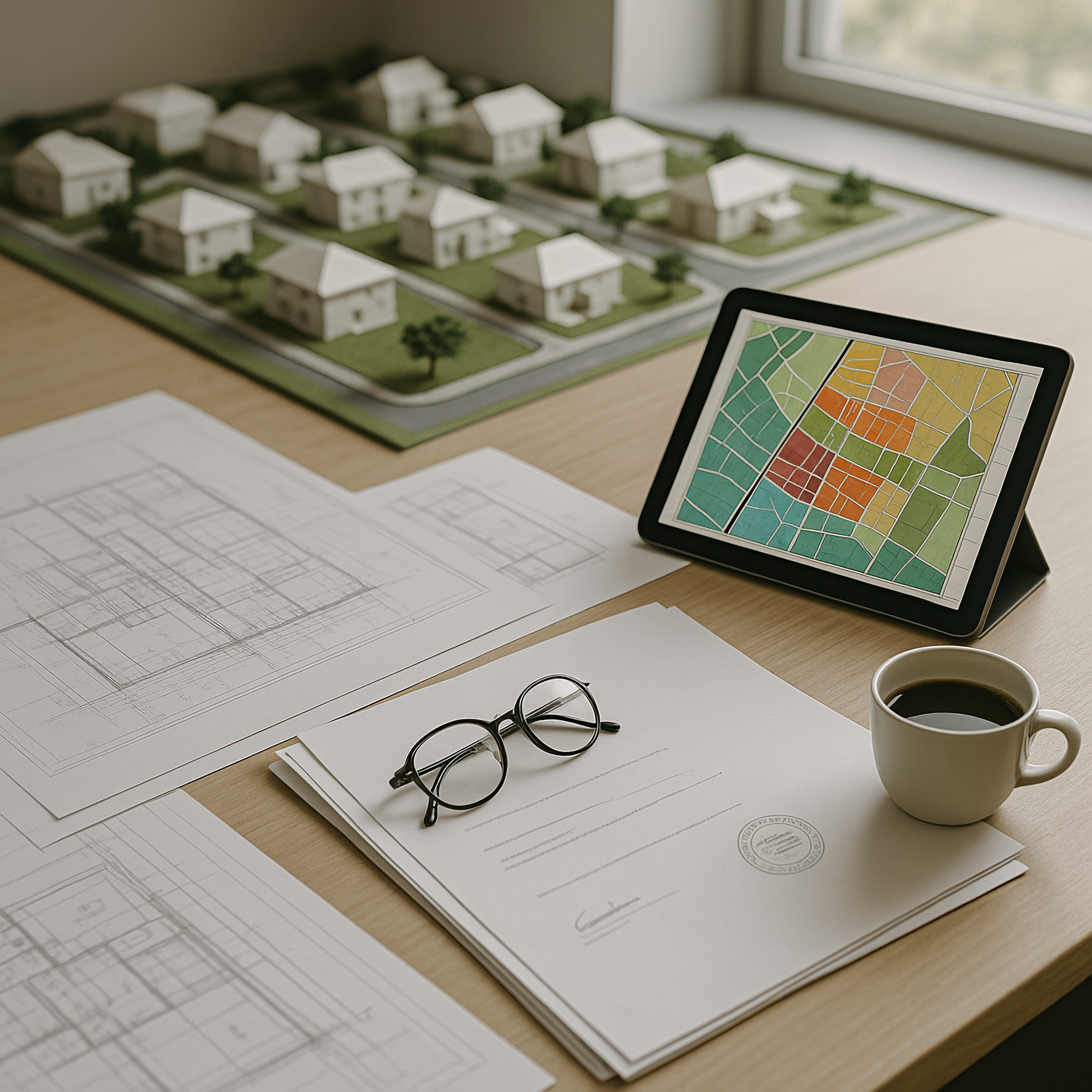 Architectural planning and design workspace with miniature house model, printed blueprints, a tablet with a colorful neighborhood map, a pair of glasses, a coffee cup, and sketches on a wooden desk.