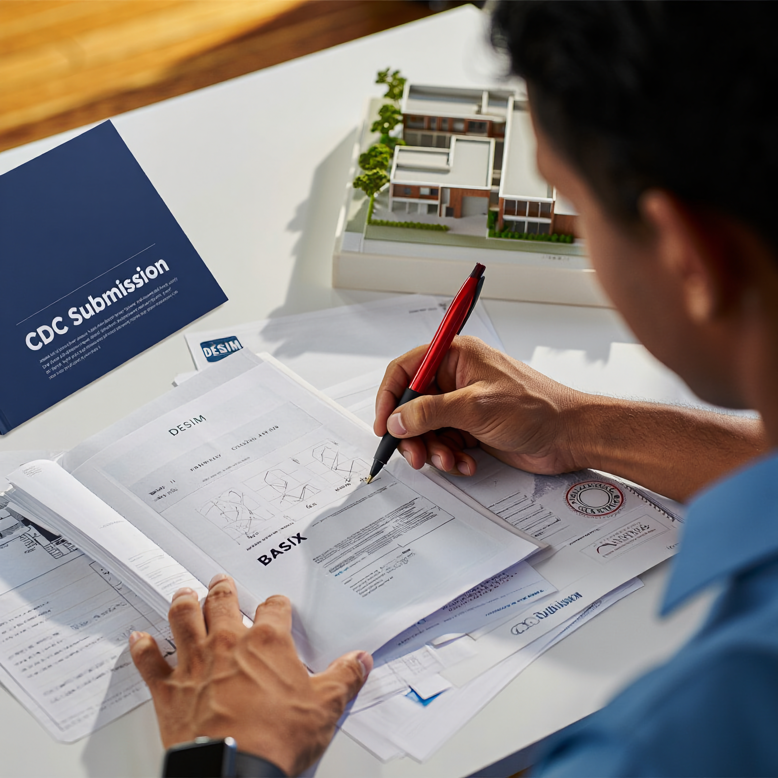 Person working on architectural plans at a desk, with a model of a building and a CDC submission document nearby.