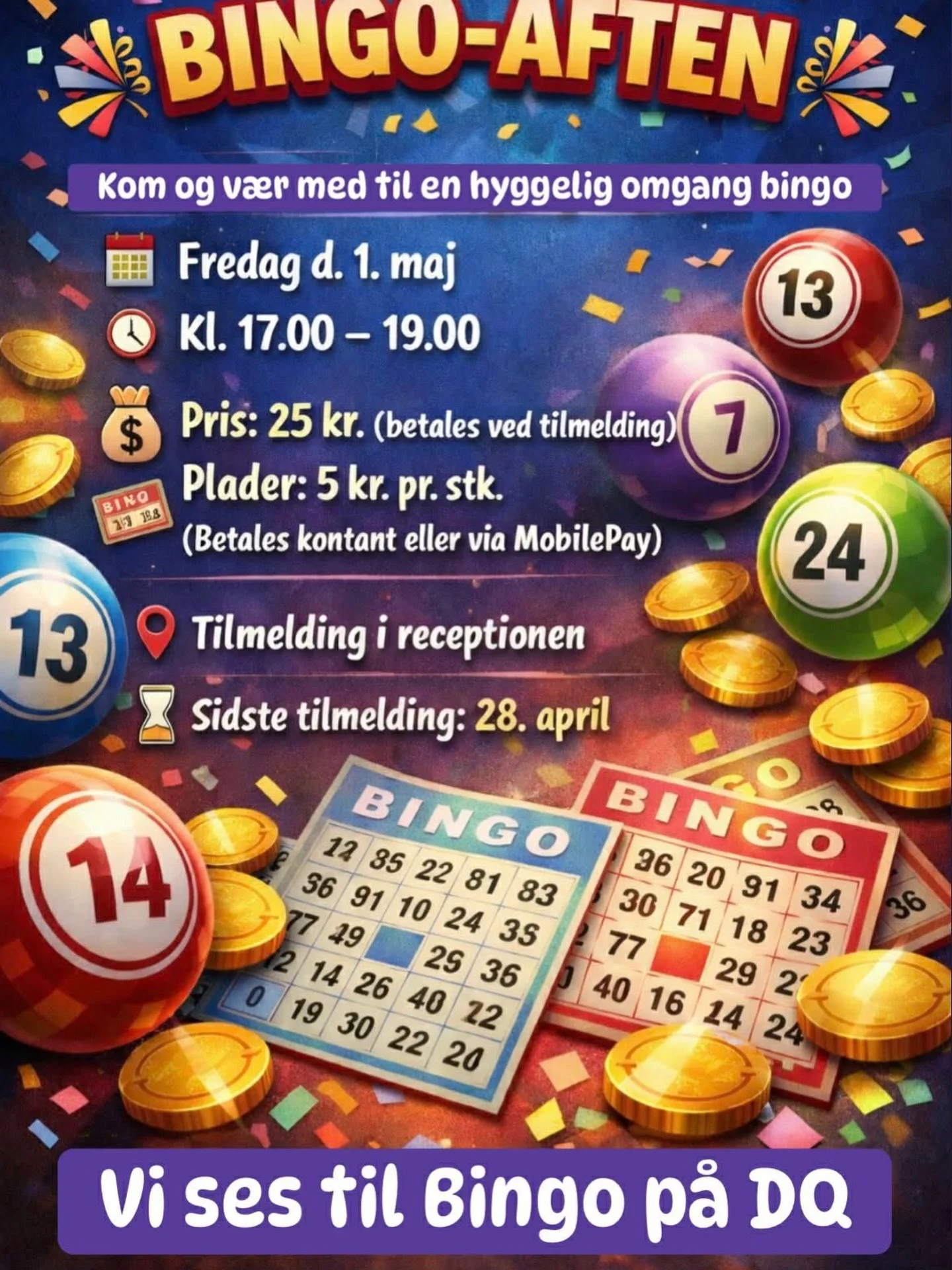 BINGO AFTEN!🔥 Tilmeldning foreg&aring;r oppe ved Receptionen p&aring; DQ! Alt info st&aring;r i opslaget:)
