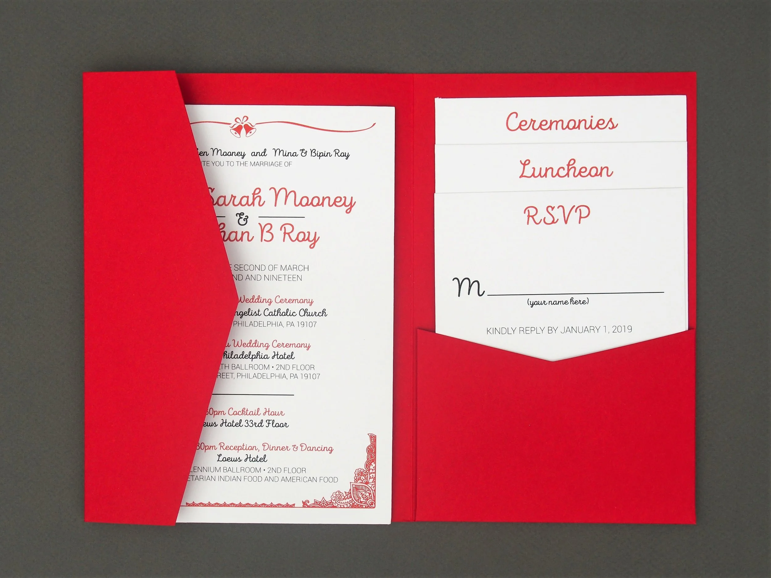  invitation, ceremony details, luncheon details and rsvp card in pocket envelope 