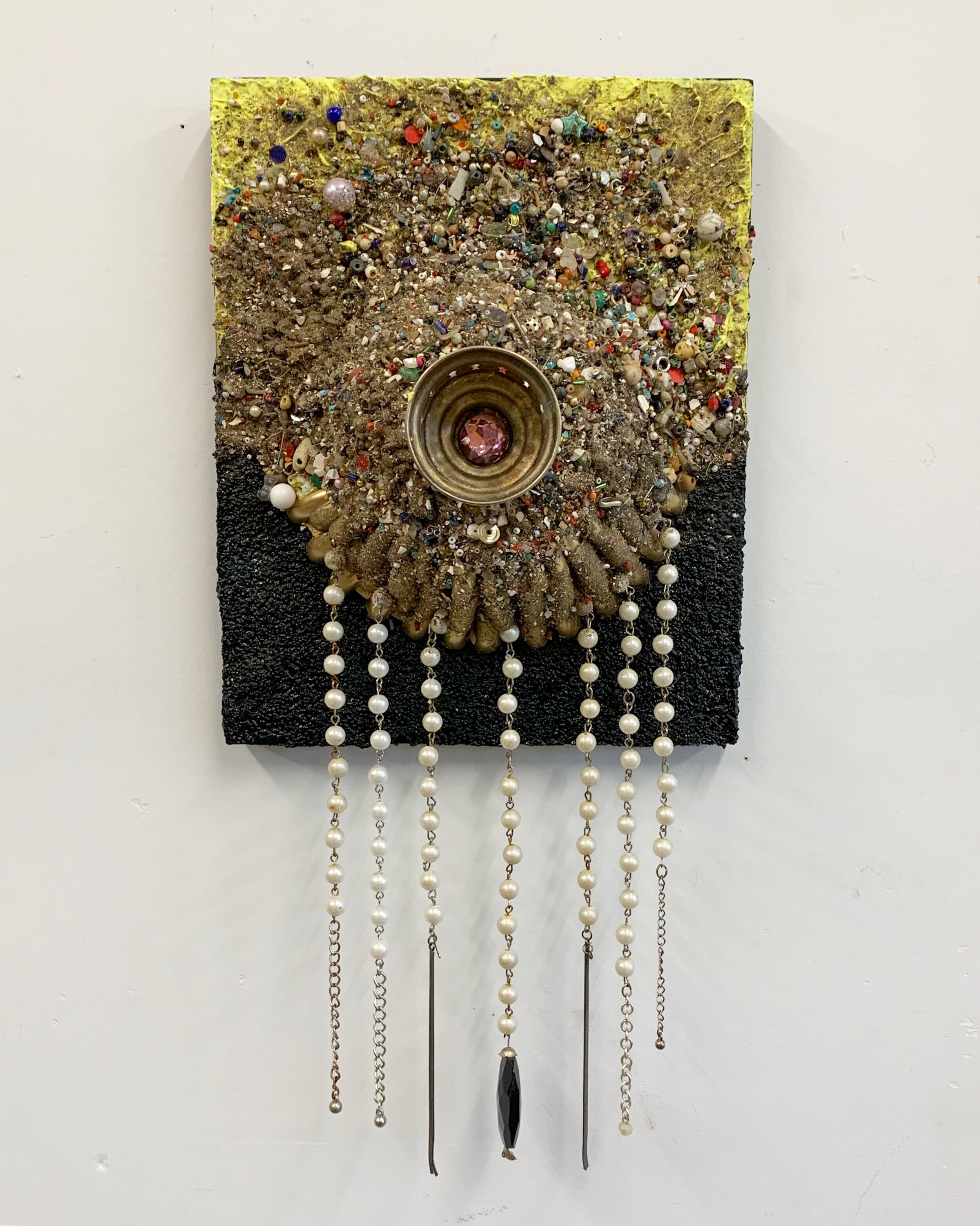   Pendant , 2019 Costume jewelry, faux pearl strands, beads, jewelry dust, and gel bead medium on panel 8x10” 