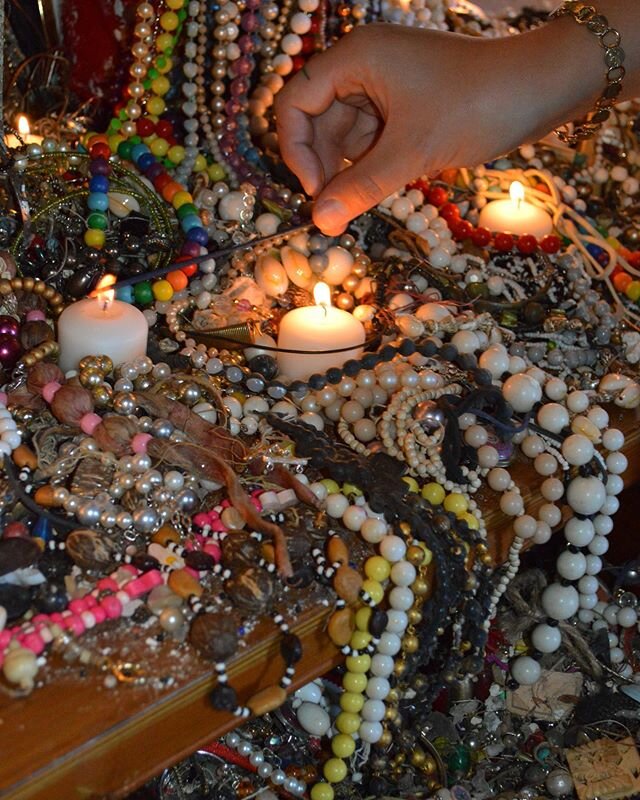 Lighting my vanity candles #costumejewelry #beadnecklace #candle #reliquary #beads #alter #vanitymirror #vanity