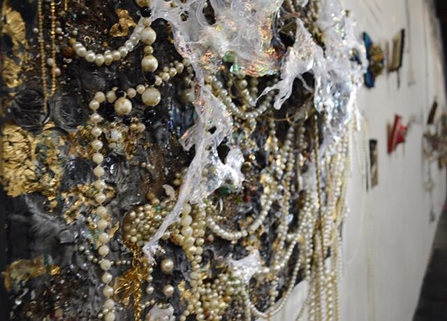Come check out &lsquo;Semi-Precious&rsquo; today @corkhousegallery... I&rsquo;ll be there from 3-6 for @savartwalk to answer any questions or just to chat! 💚 #costumejewelry #fauxpearls #assemblageart #rhinestones #mixedmedia #savannahart