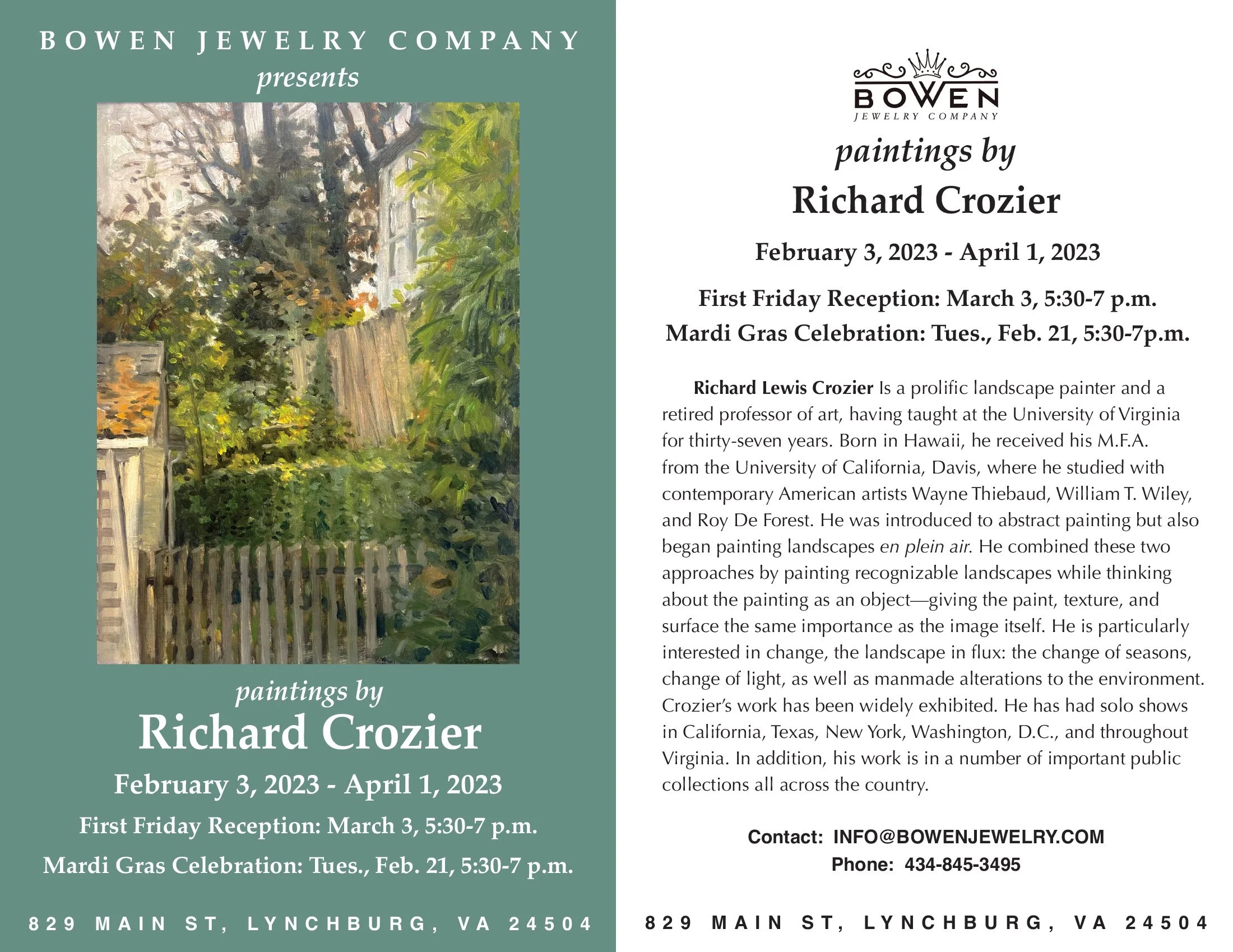 Paintings by Richard Crozier; Feb. 3- Apr. 1; First Friday Reception: Mar. 3, 5:30-7pm; Mardi Gras Celebration: Tues., Feb. 21, 5:30-7pm