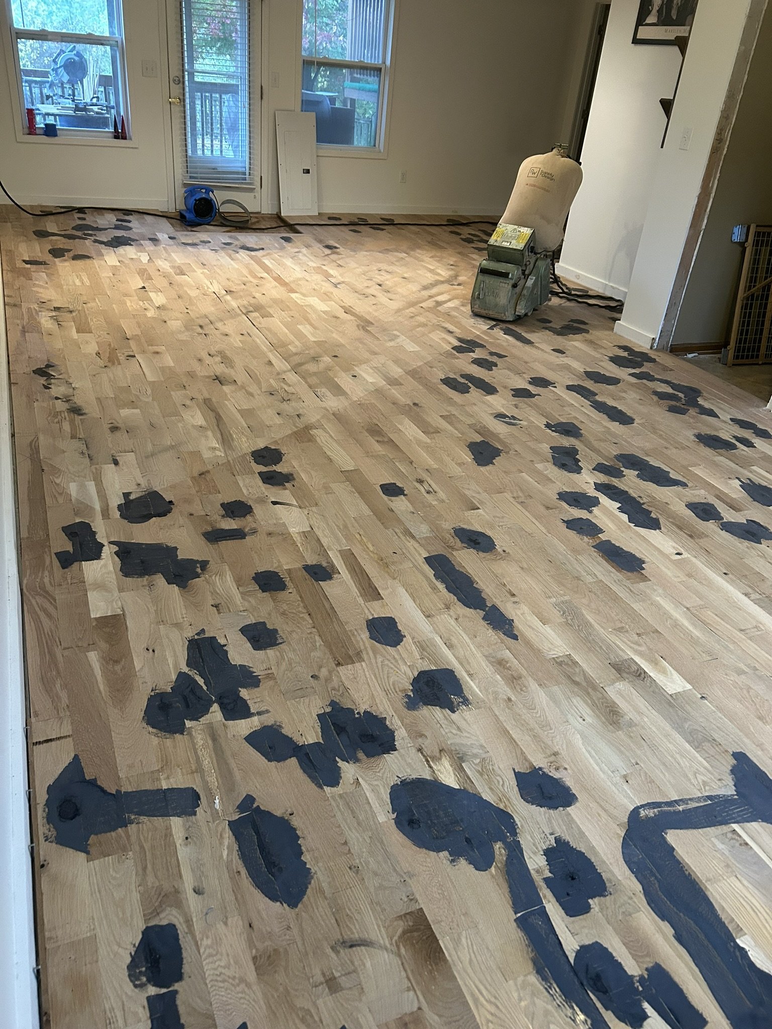 Rustic white oak hardwood floor repair and preparation