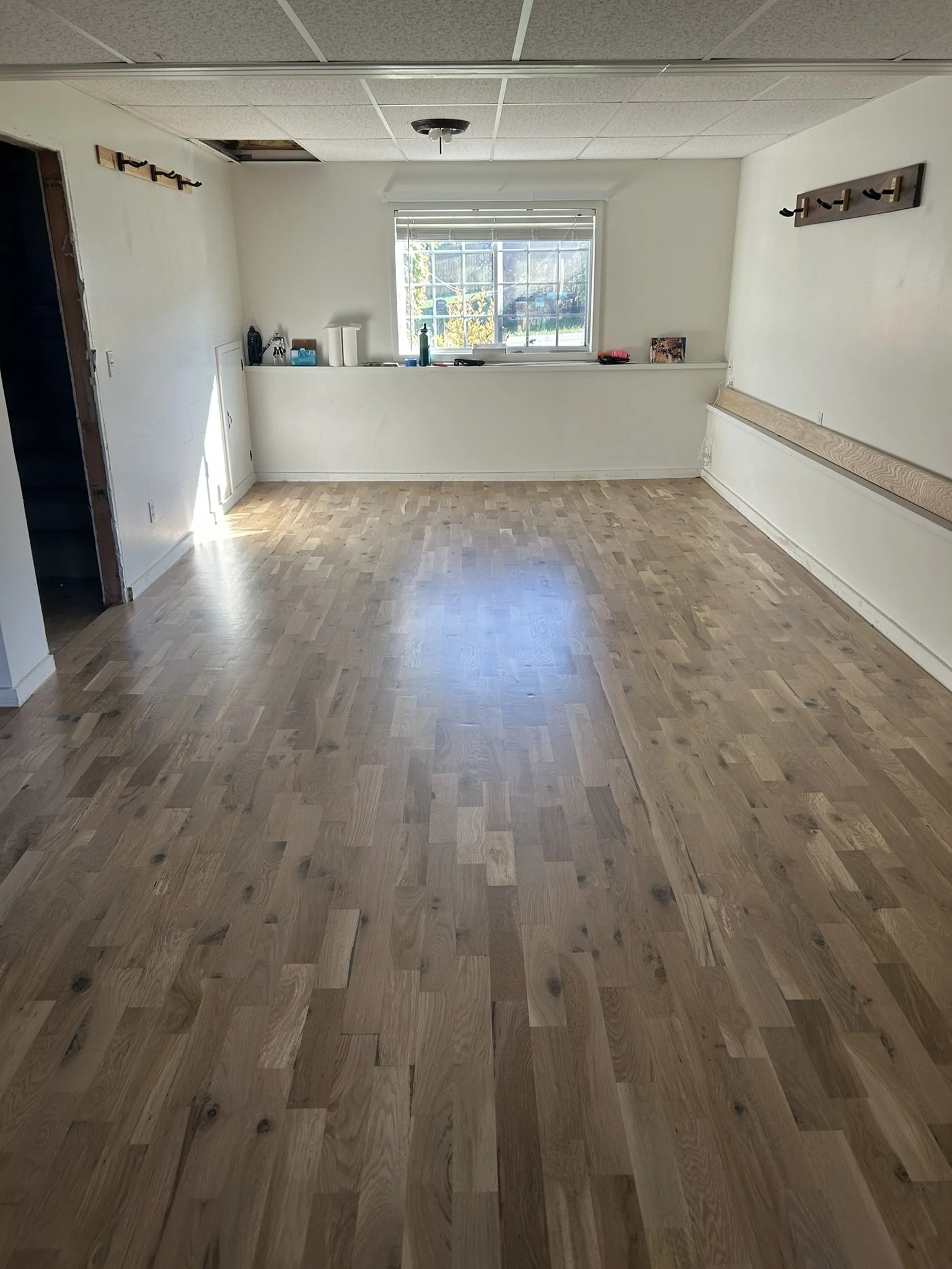 Rustic white oak hardwood floor after sanding and finishing