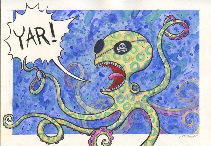 The Deadly Blue Ringed Octopus Pirate Original Watercolor