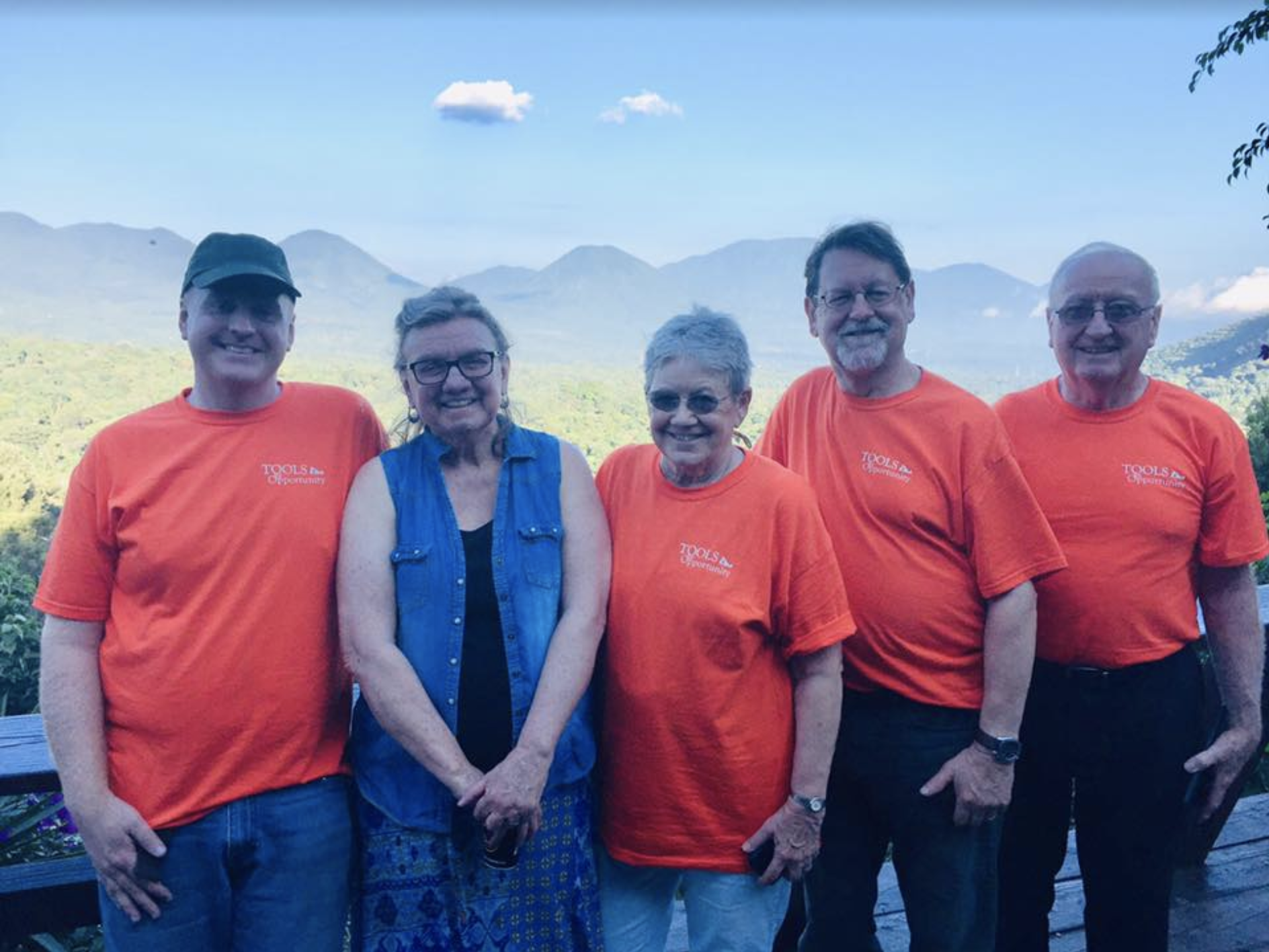 Tools for Opportunity supporters Nathan Kress, Carol Pearson, Eileen Peterson, TFO President Gene Pedersen, and supporter Dennis LaRoque taking in the sights of El Salvador on their trip in 2018.