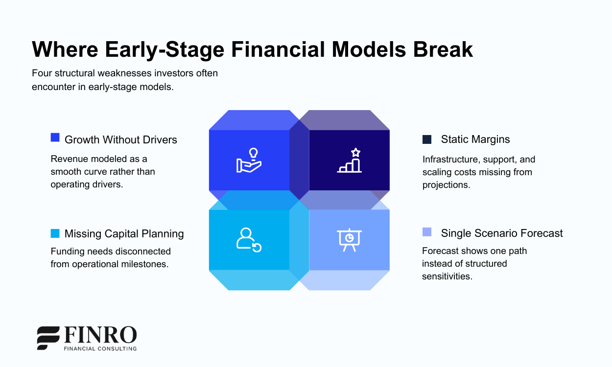 Common startup financial modeling mistakes including growth without drivers, static margins, missing capital planning, and single scenario forecasts.