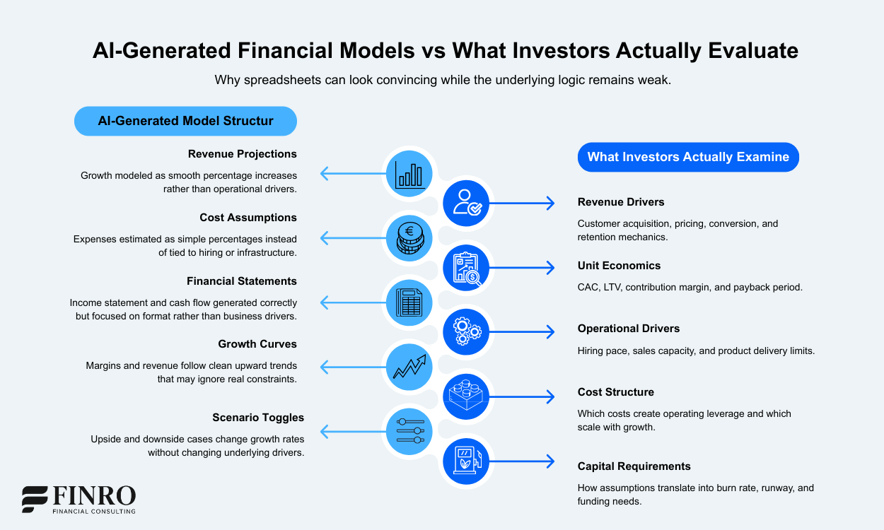 Comparison between AI-generated startup financial models and what investors actually evaluate, including revenue drivers, unit economics, cost structure, and capital requirements.