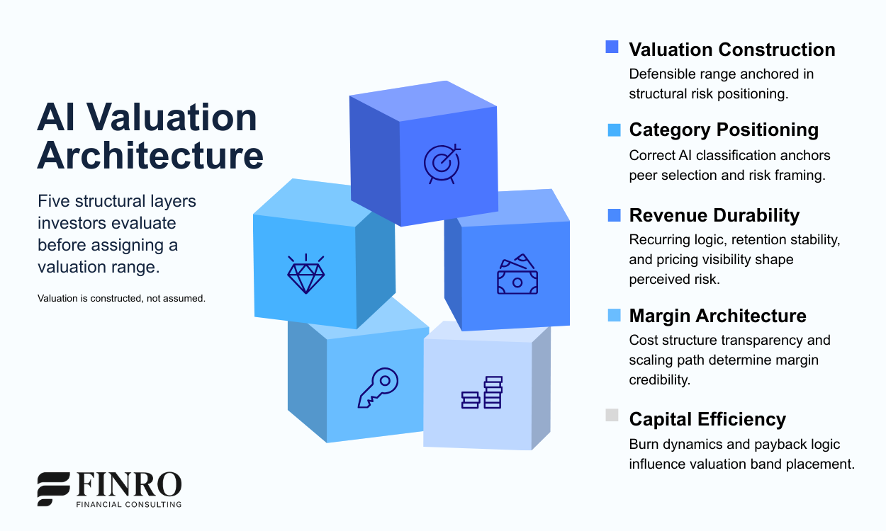 Diagram showing AI valuation architecture framework with five layers: category positioning, revenue durability, margin architecture, capital efficiency, and valuation construction.
