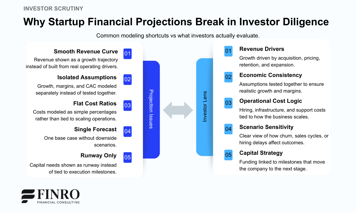Framework showing common startup financial projection problems versus what investors actually evaluate in a financial model, including revenue drivers, cost structure, scenario sensitivity, and capital planning.