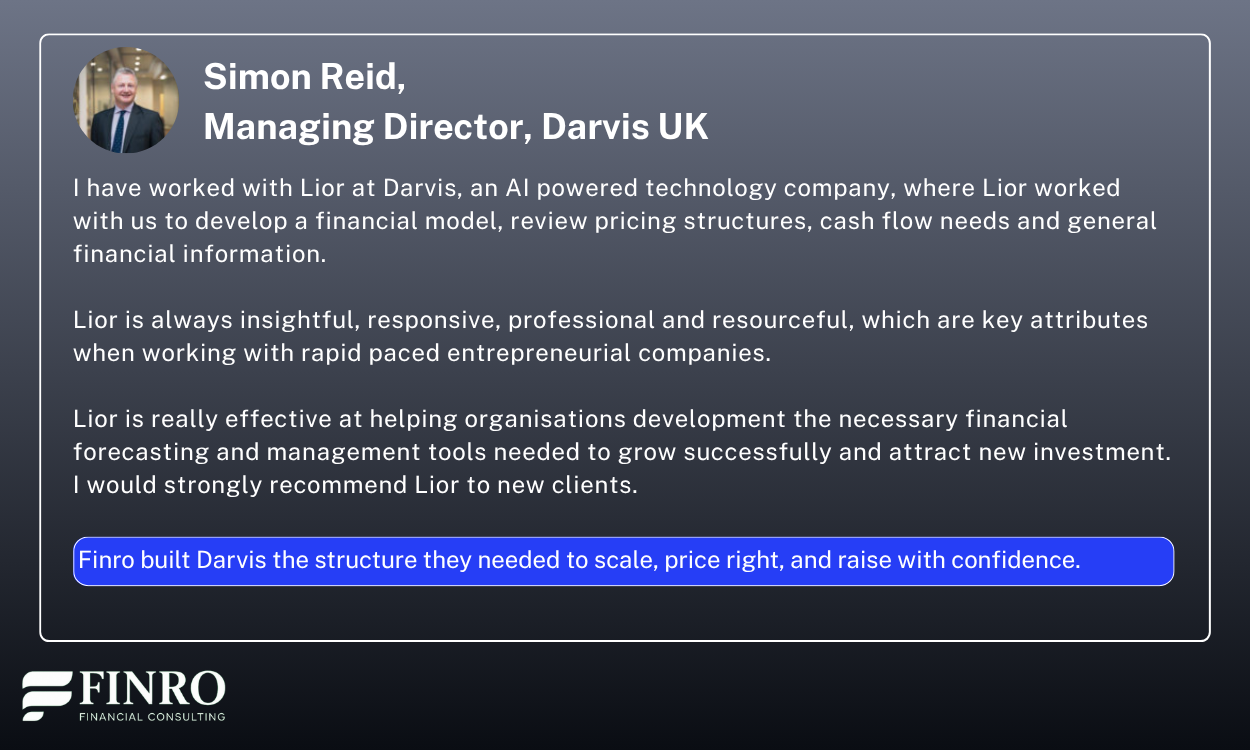Testimonial from Darvis highlighting how Finro built their AI company’s financial model to support pricing, scaling, and fundraising.
