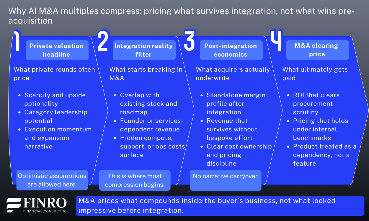 Visual breakdown of how AI M&A multiples are set, illustrating the gap between private valuation headlines and post-integration economics that drive final acquisition prices.