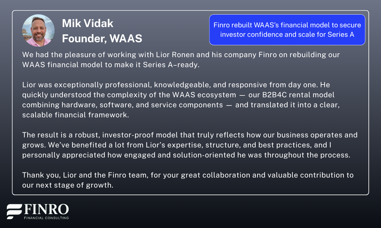 Testimonial from Mik Vidak, Founder of WAAS, about Finro’s financial modeling services for Series A fundraising