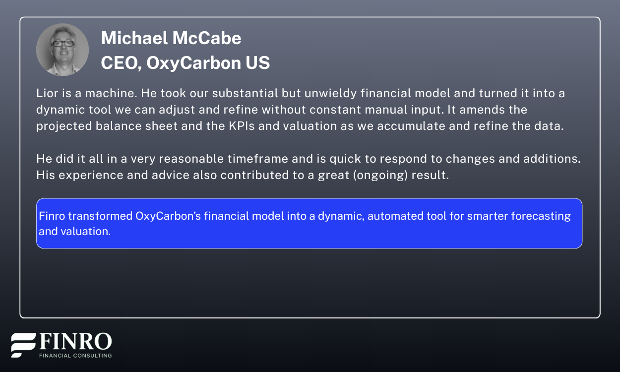 Testimonial from OxyCarbon describing how Finro rebuilt their complex model into an automated, flexible forecasting and valuation tool.