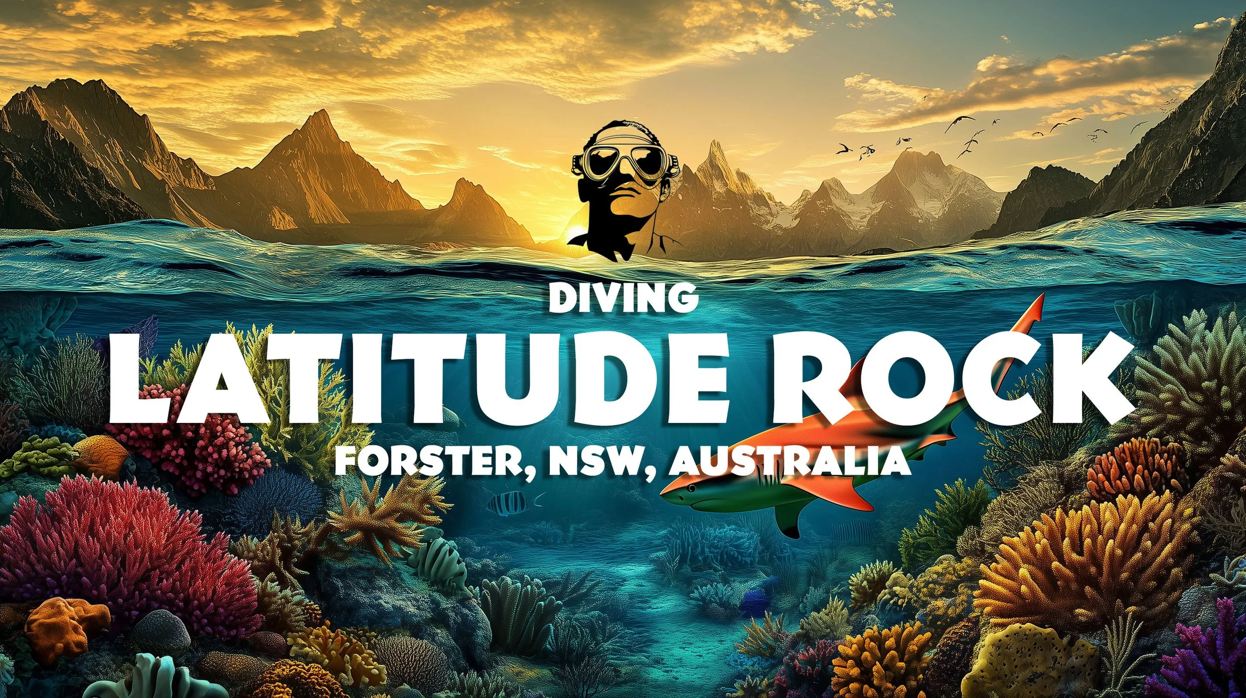 Underwater scene of coral reef with colorful coral and fish, above water view of mountains and sunset sky, with a logo of a scuba diver. Text overlay reading "Diving Latitude Rock Forster, NSW, Australia."