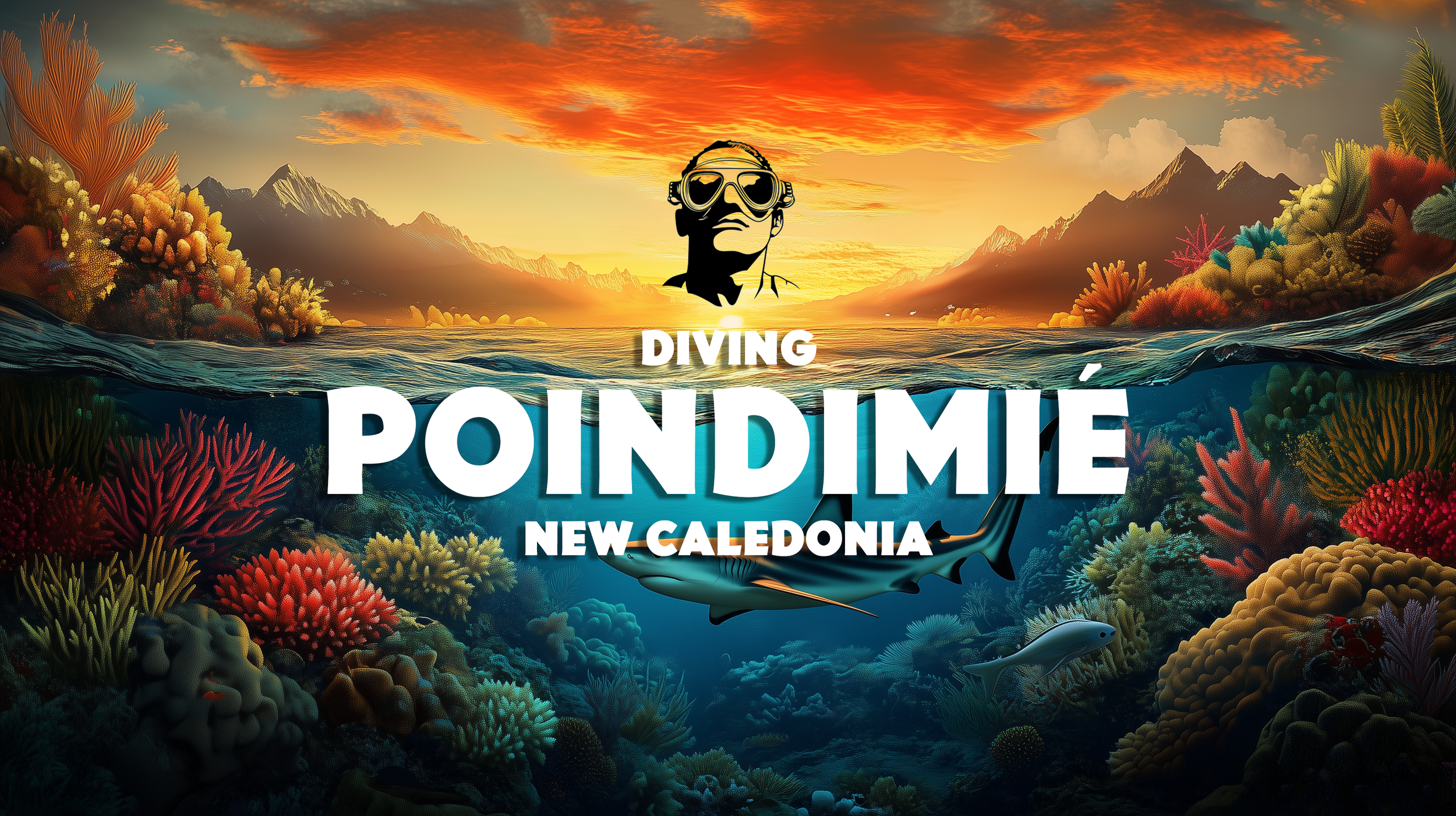 Colorful underwater scene with coral reefs and fish, above water a sunset with mountains and trees, a diver's silhouette with goggles, and text reading "Diving Poindimé New Caledonia."