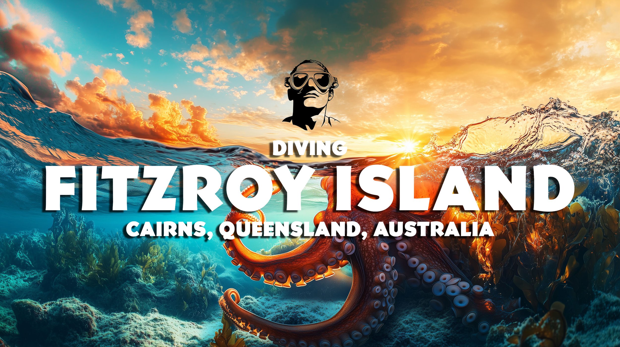 Underwater scene at sunrise featuring an octopus, with text promoting diving on Fitzroy Island, Cairns, Queensland, Australia.