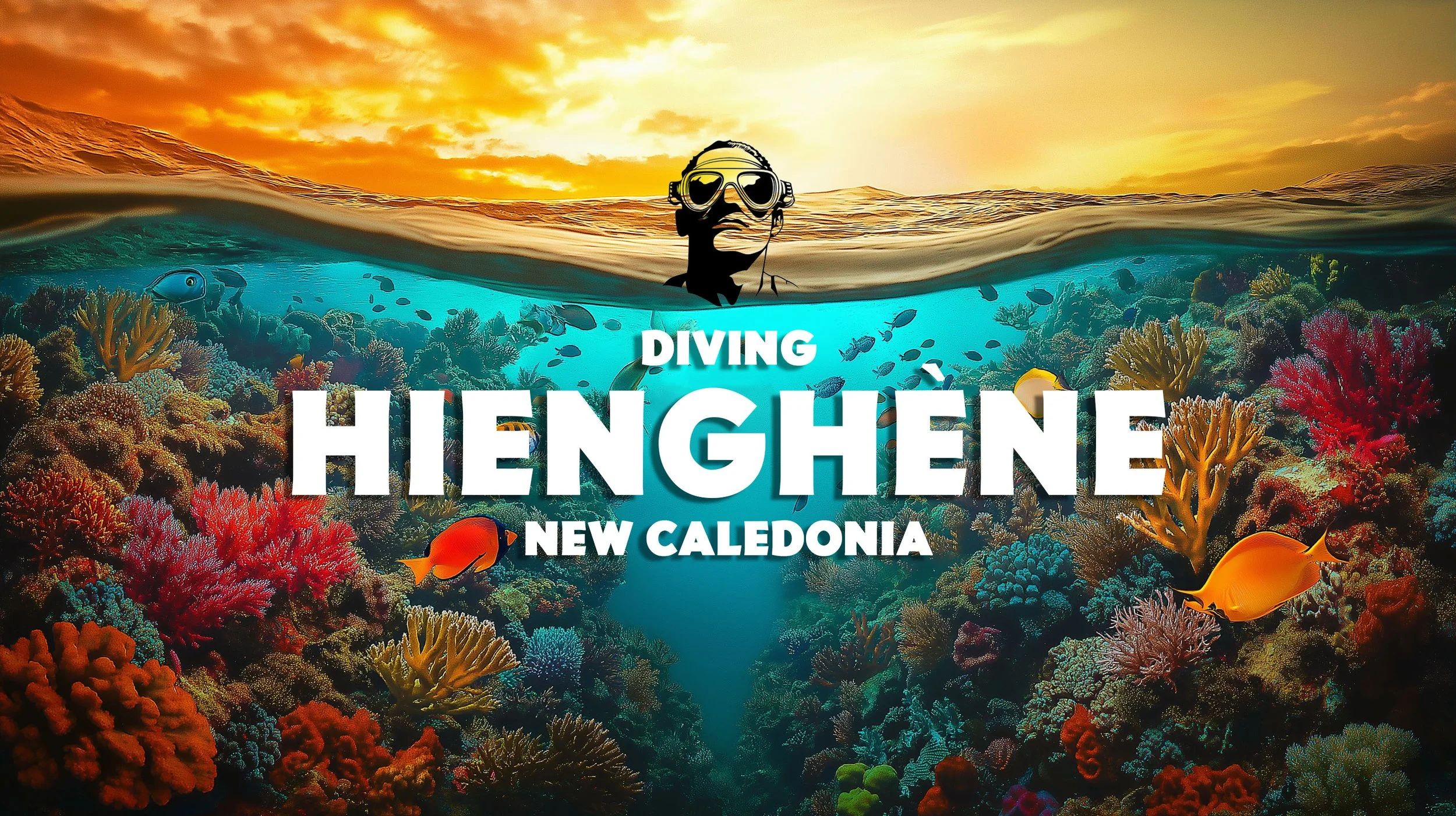 Underwater view of a vibrant coral reef with colorful corals and tropical fish, above a sunset over the ocean, promoting diving in Henghene, New Caledonia.