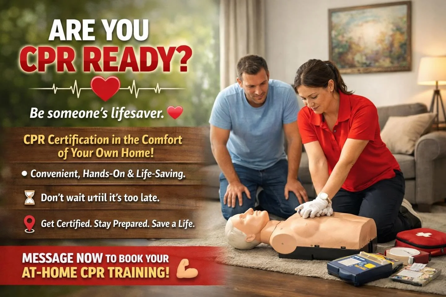 Warm weather is coming &mdash; and with it, outdoor gatherings, parties, and family events. Are you ready if an emergency happens?
❤️ Be CPR READY. Be someone&rsquo;s lifesaver.
Now offering CPR certification in the comfort of your own home &mdash; c