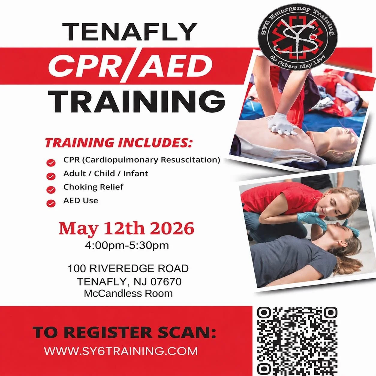 🚨 CPR Training in Tenafly! ❤️
Get CPR certified in just 90 minutes and learn lifesaving skills for emergencies.
✔ Adult, Child &amp; Infant CPR
✔ AED &amp; Choking Training
✔ 2-Year Certification
Perfect for parents, babysitters &amp; grandparents!
