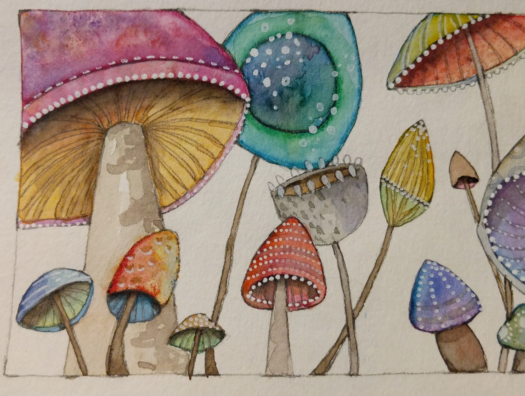 Watercolor mushrooms full of color and doodles.