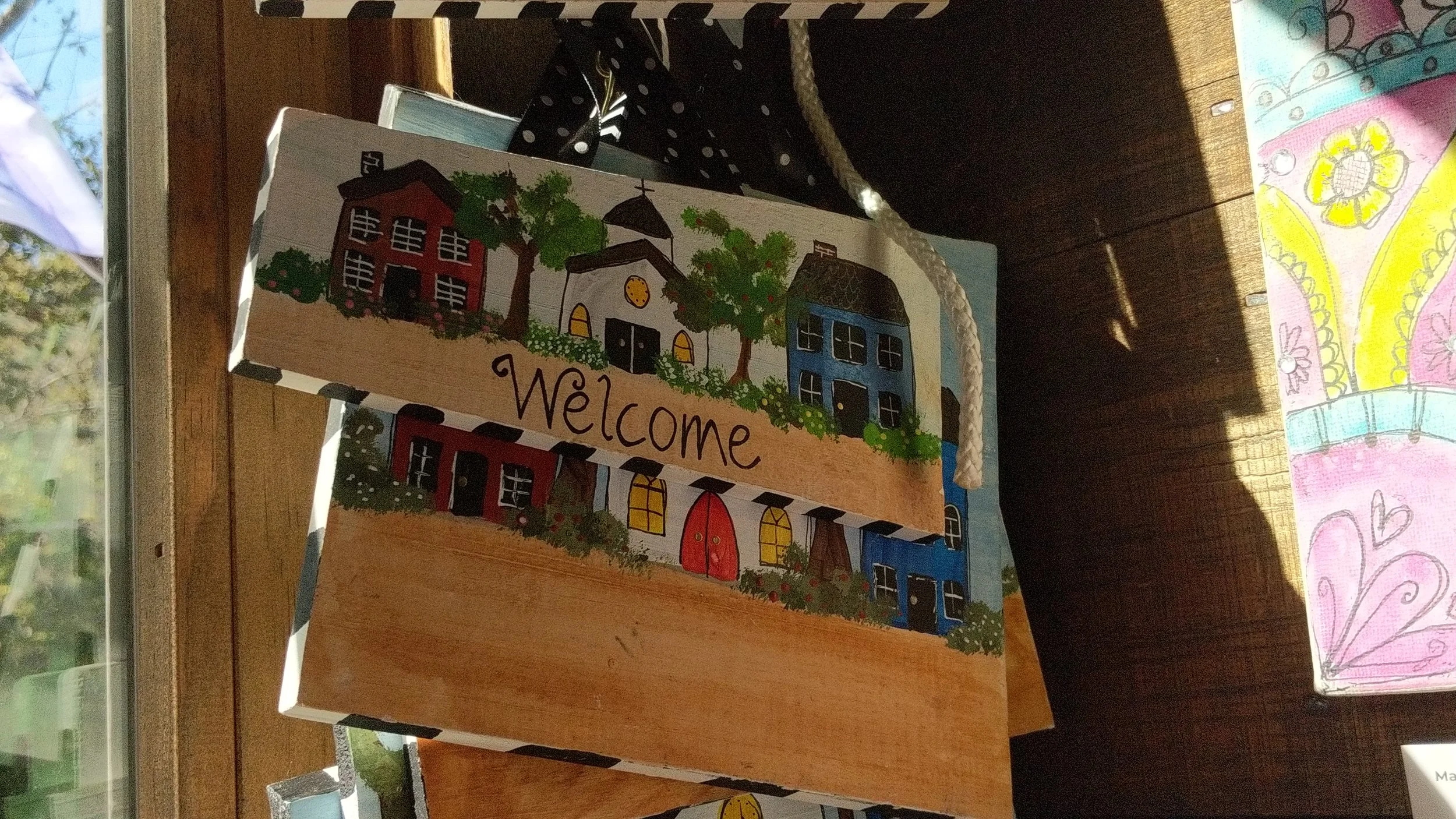 Hanging by the front door of my shop are my little hand painted “Welcome” signs. Some are blank that can be customized, like with your town name or last name. These are hand painted onto the boards that my little kiddos broke when they took Tae Kwon Do so each board size is slightly different but still very cool!