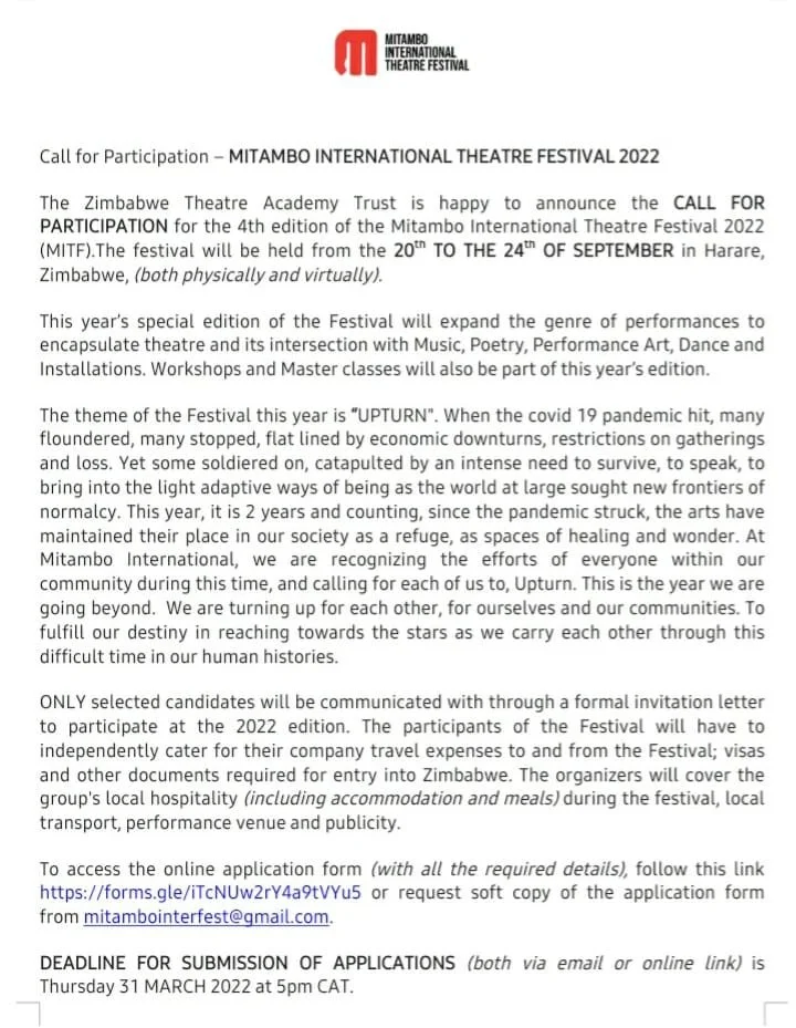 Call for Participation at the Mitambo International Theatre Festival
