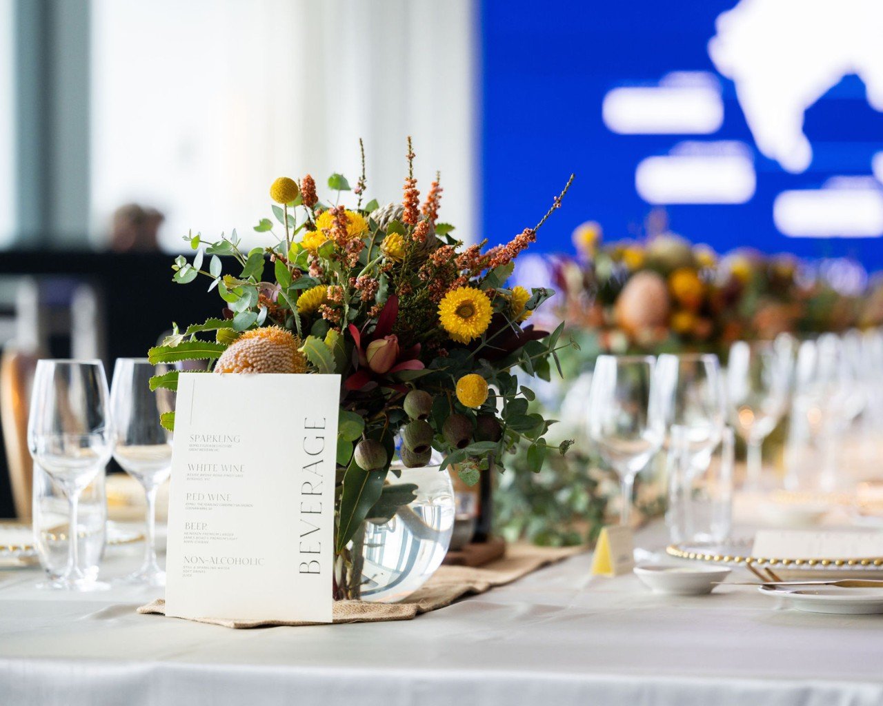 Flower arrangement on a gala event table.