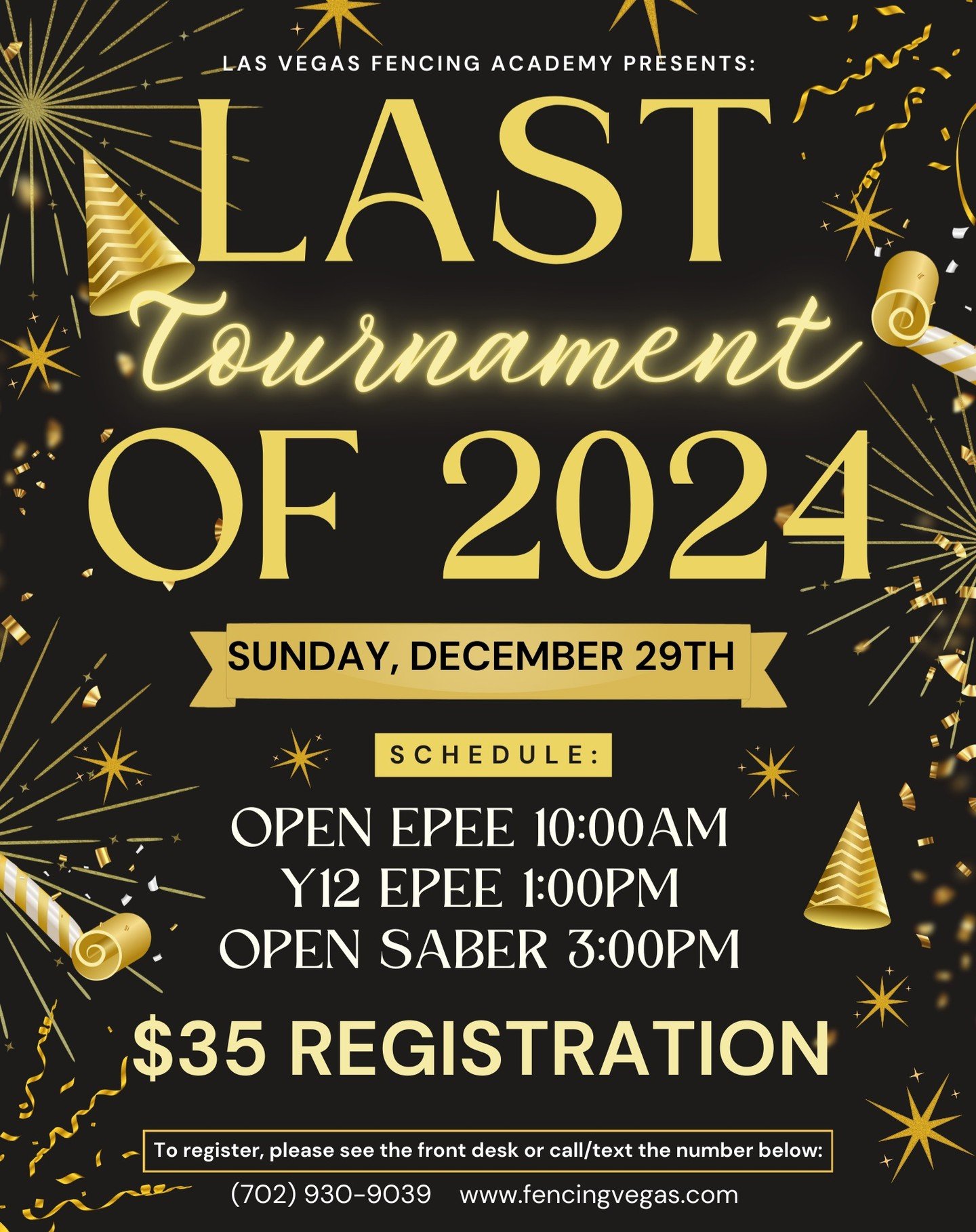 🎆🎇As the year comes to a close, we would like to offer our fencers one last chance to get some practice in before 2025! Therefore, we are offering a last chance in house tournament! See you all there. #fencing #foil #epee #saber #vegas #vegassports