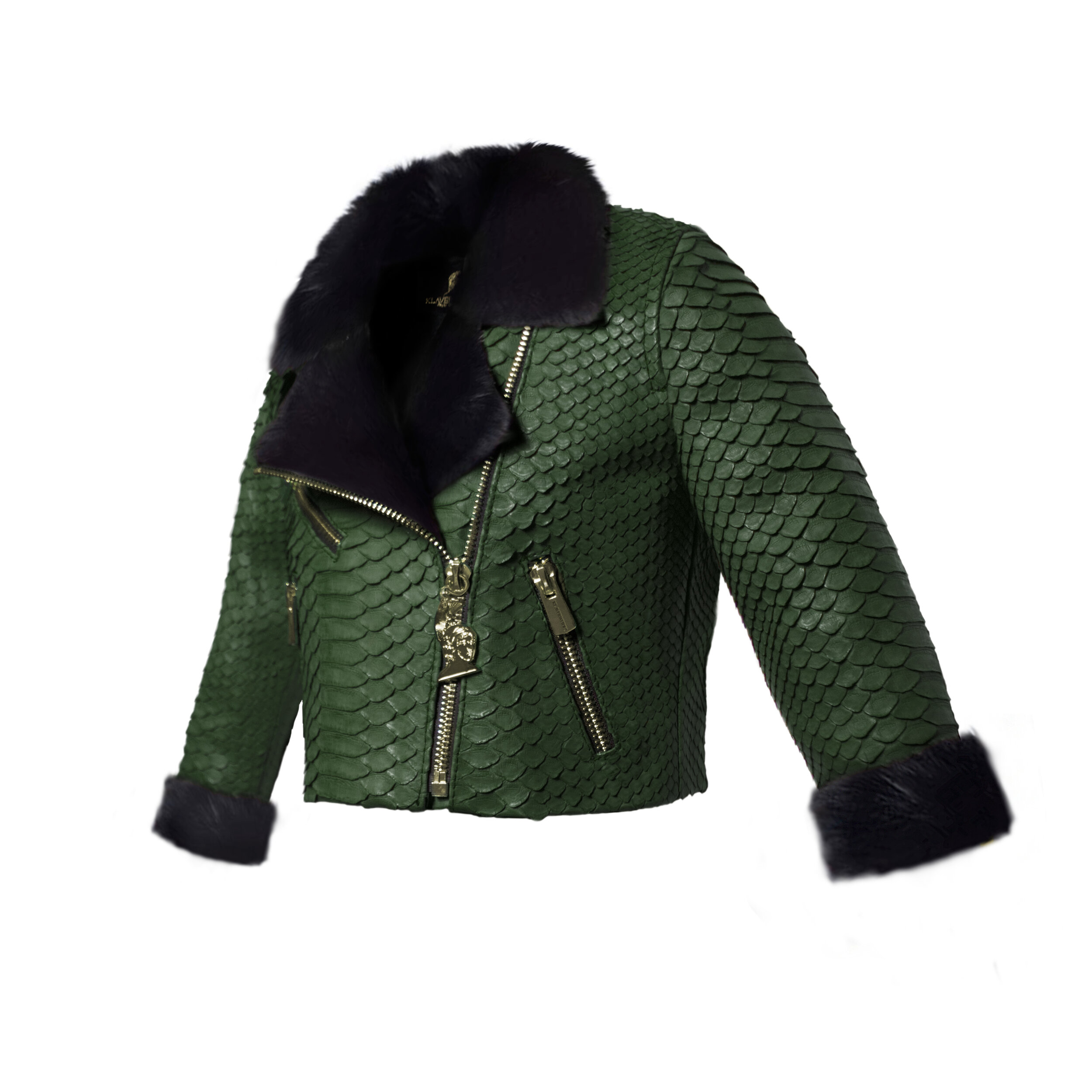 Klaverweide Baby Biker Jacket Black rabbit fur Forest Green Python 2.jpg