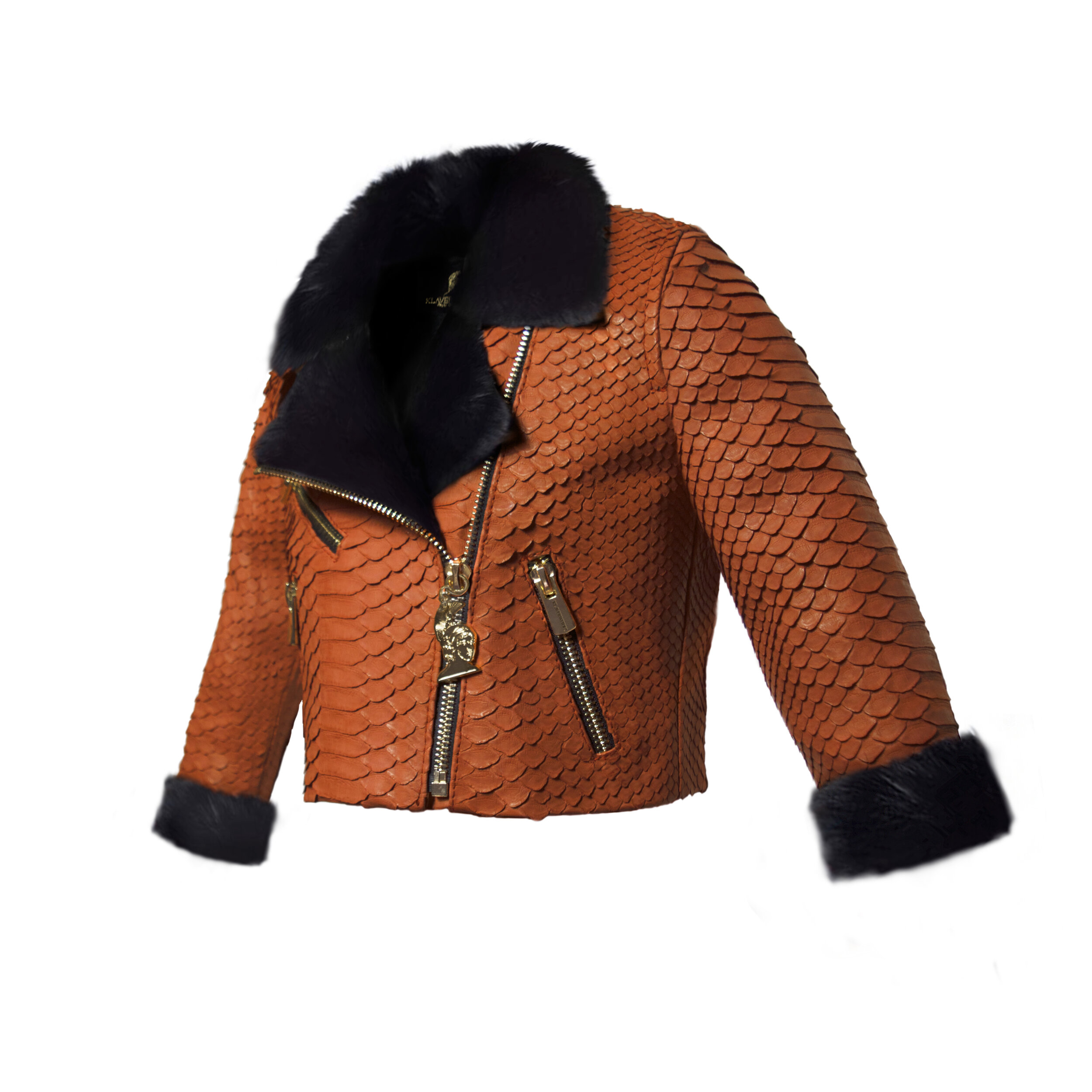 Klaverweide Baby biker jacket Black rabbit fur Orange Python 2.jpg