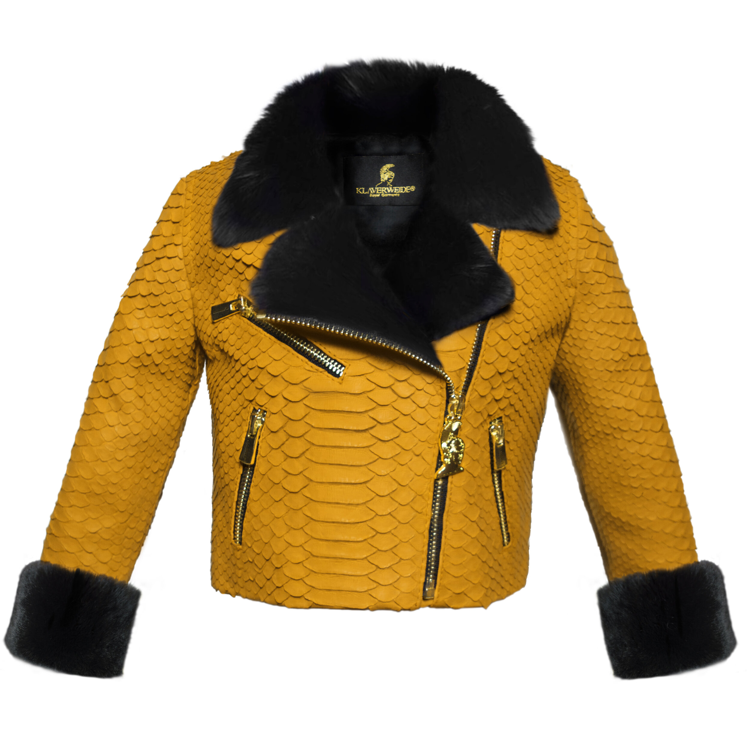 Klaverweide_kids_biker_jacket Black rabbit fur Yellow Python_1.jpg