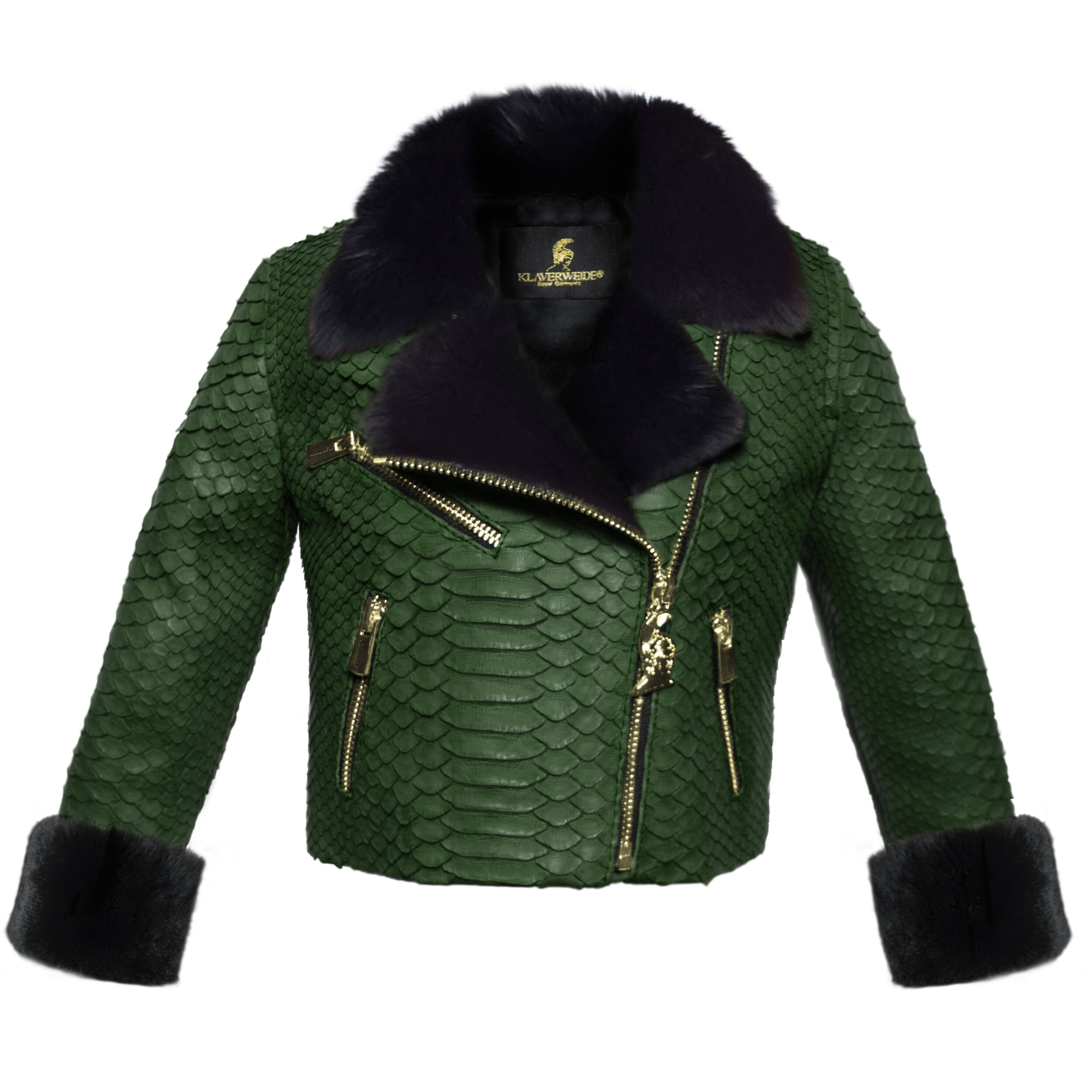 Klaverweide_kids_biker_jacket Black rabbit fur Forest green Python_1.jpg