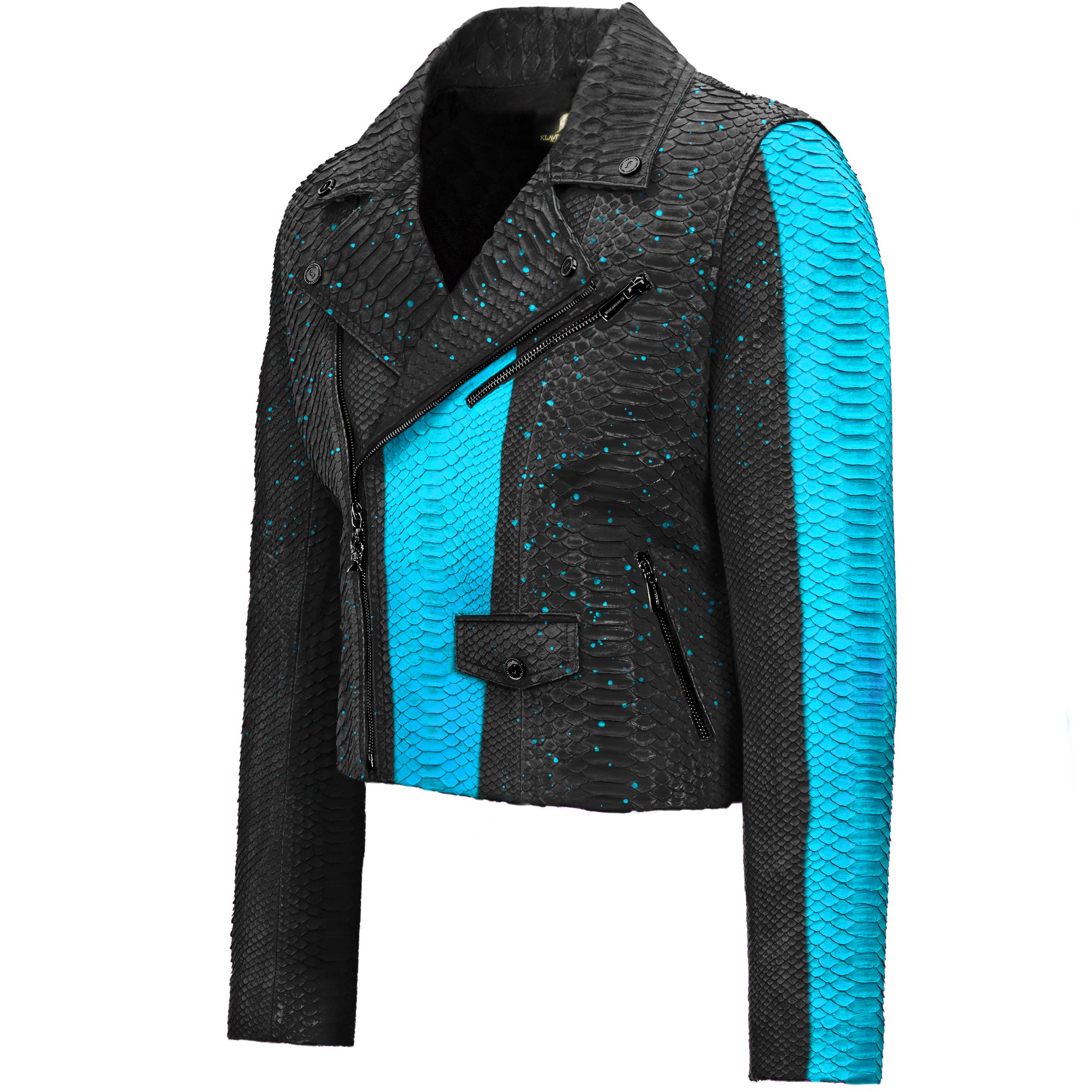 Turquoise paint Black Python biker jacket Klaverweide men 2 .jpg