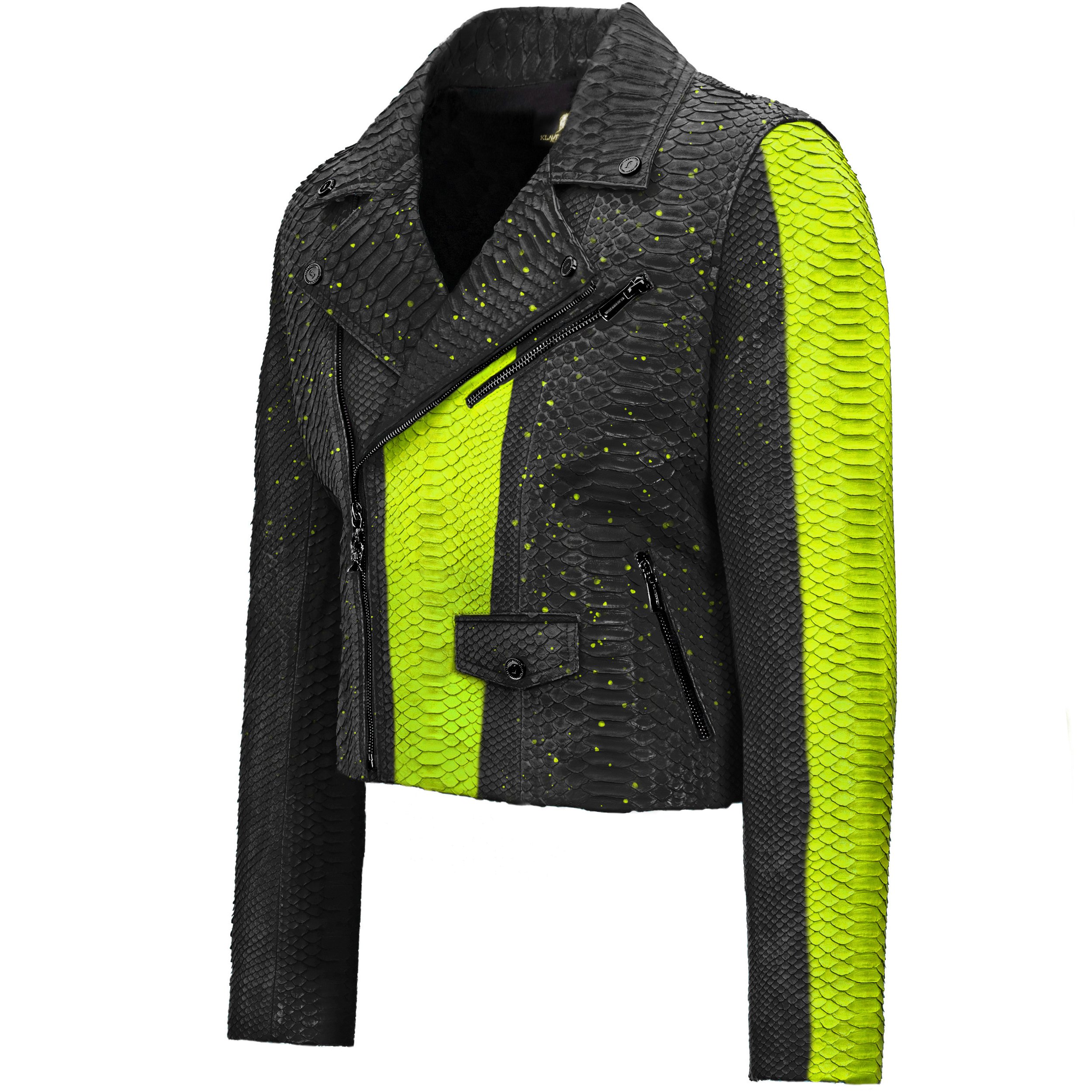 Lime paint Black Python biker jacket Klaverweide men 2 .jpg