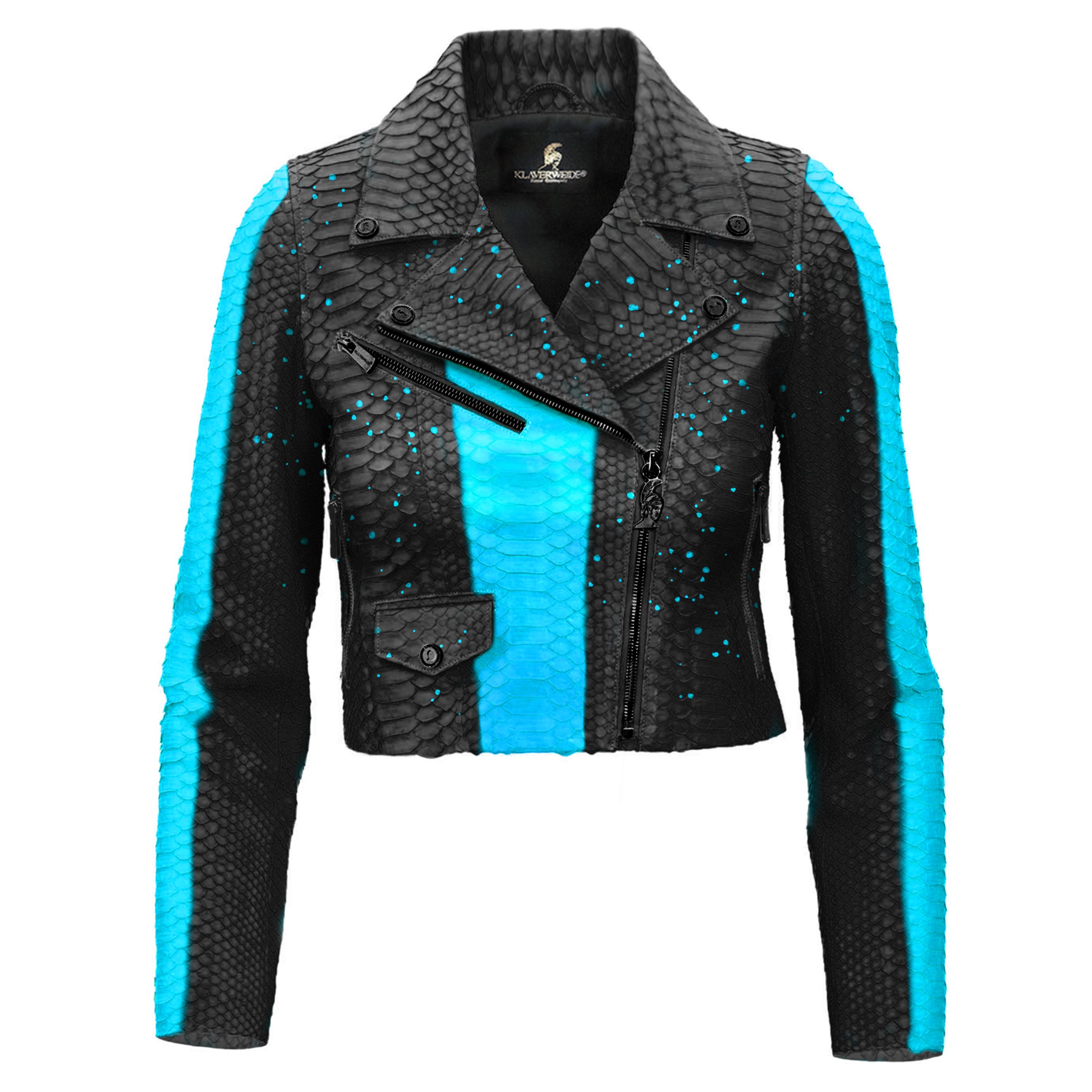 Women Turquoise paint Black Python Biker jacket Klaverweide 11 .jpg