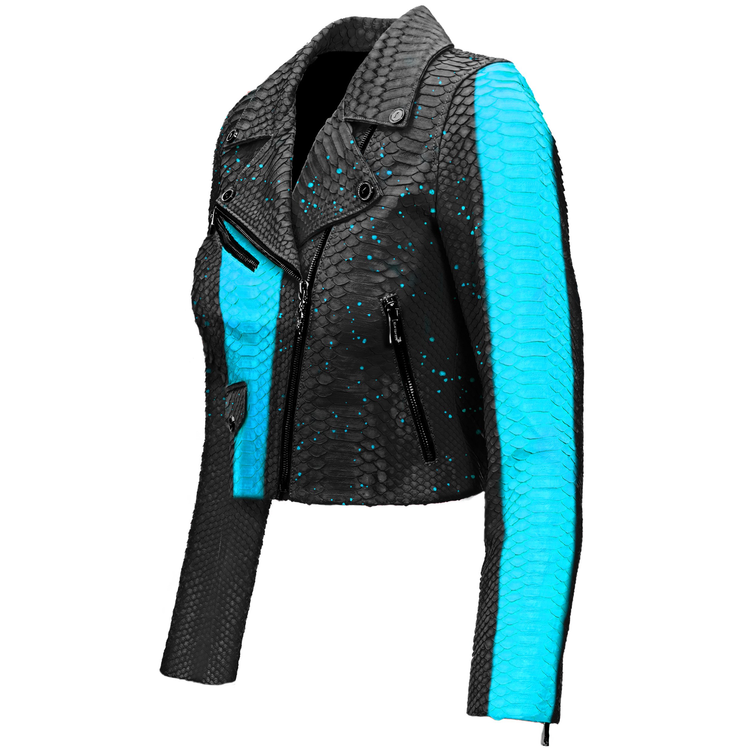 Women Turquoise paint Black Python Biker jacket Klaverweide 22 .jpg