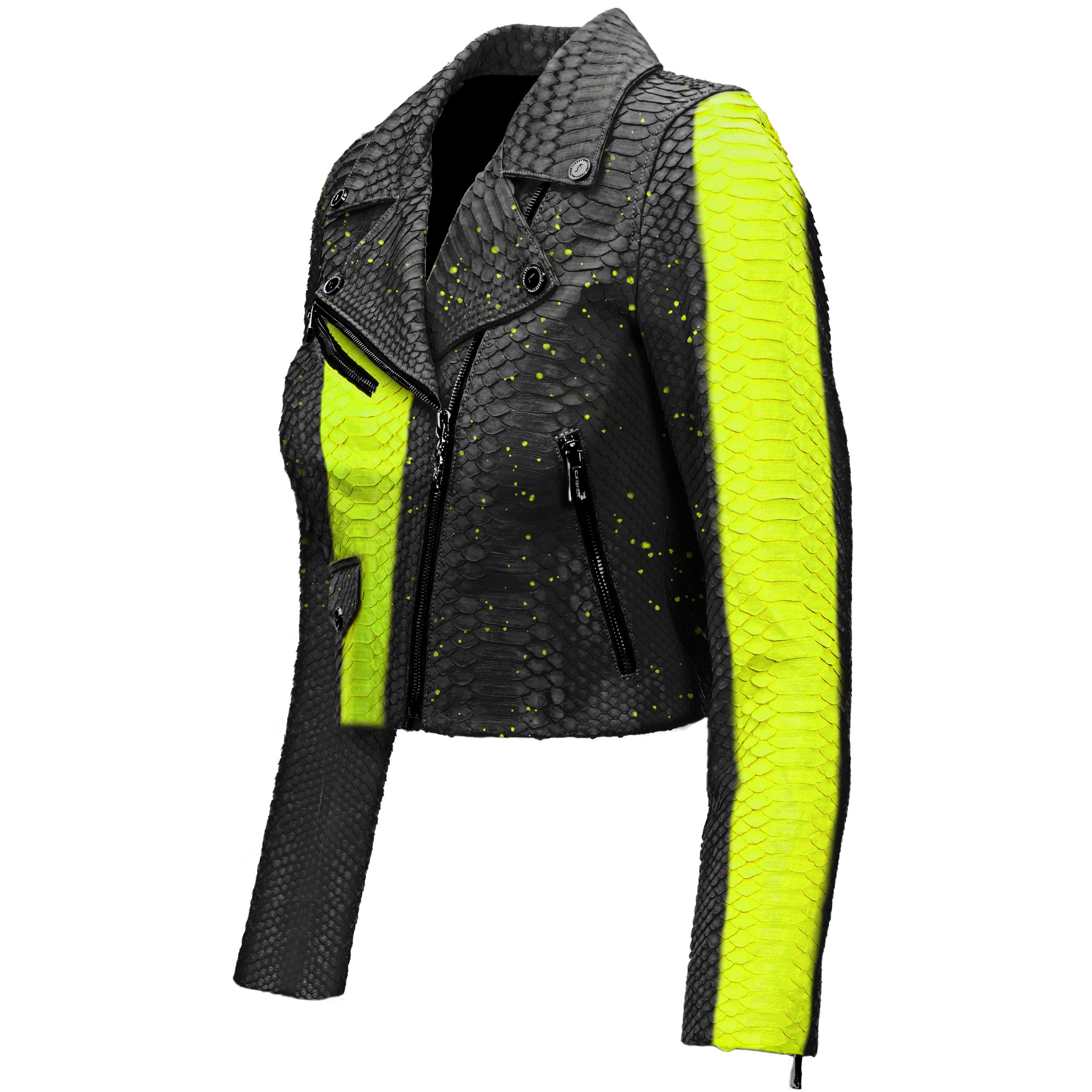 Women lime paint Black Python Biker jacket Klaverweide 22 .jpg