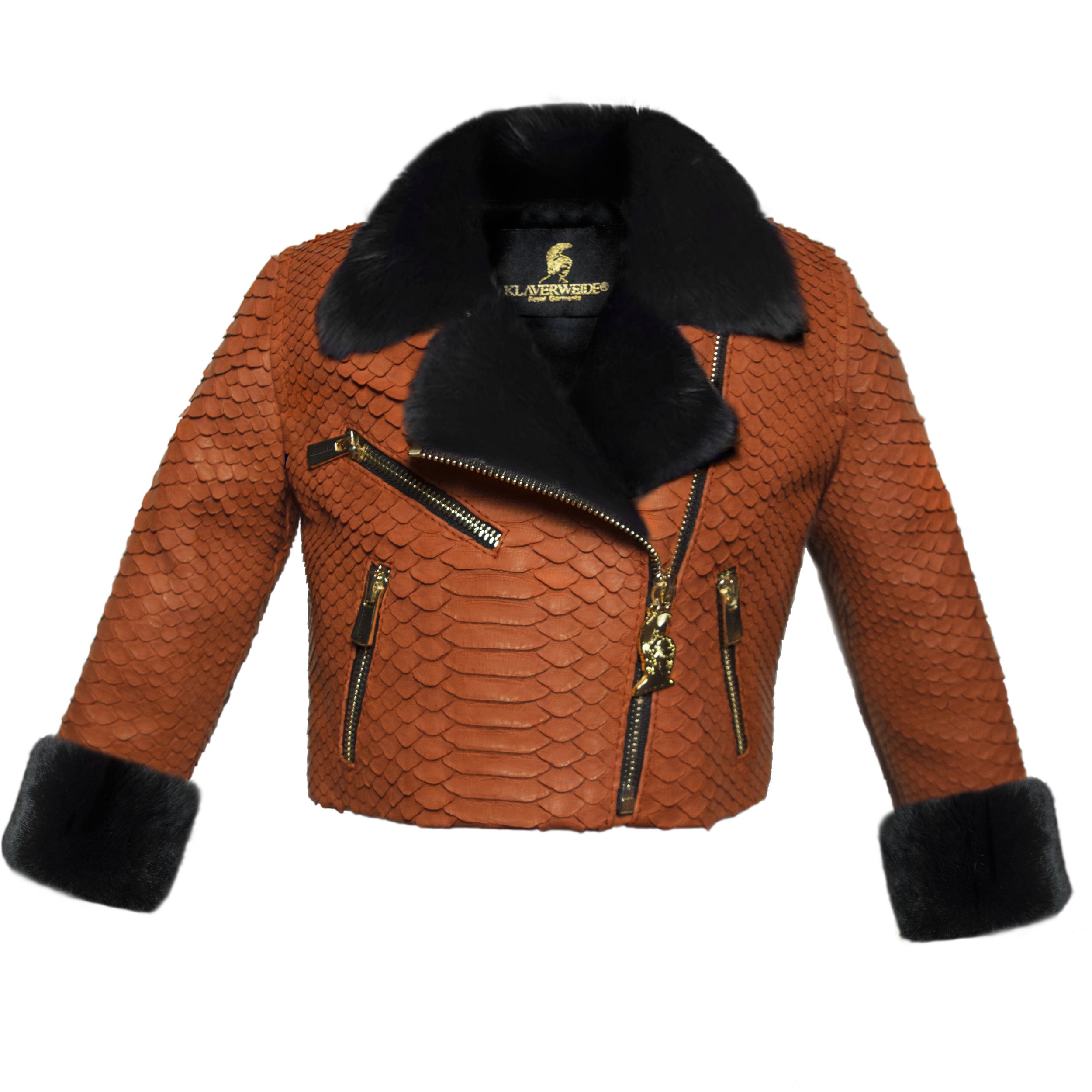 Klaverweide Baby biker jacket Black rabbit fur Orange Python 11.jpg