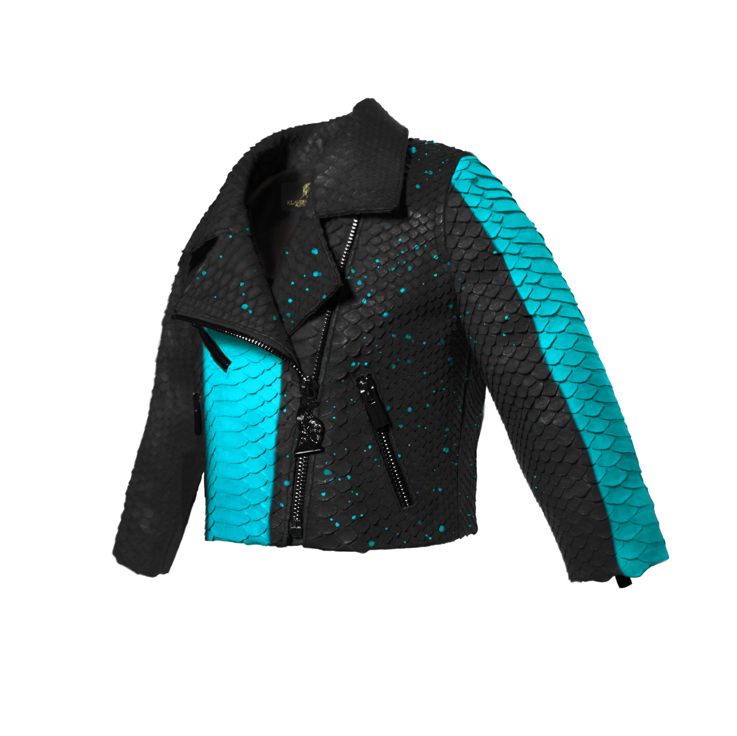 Klaverweide Baby biker jacket turquoise paint Black Python 2.jpg