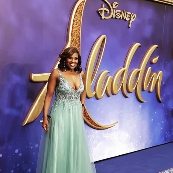 Kelle Bryan at West End premiere of Aladdin wearing Mascara Misty Green Ray Beads Dress.