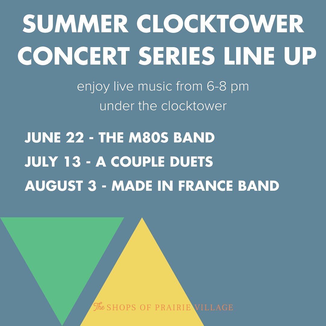 Save the dates! The Summer Clocktower Concert Series is back with live music and entertainment!

🔹Thursday, June 22: M80s Band
🔹Thursday, July 13: A Couple Duets
🔹Thursday, August 3: Made in France Band

Bring your own chairs and grab dinner or dr