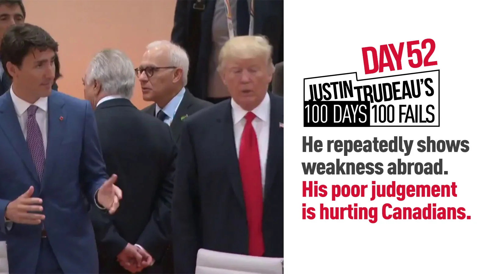 49. He repeatedly shows weakness abroad