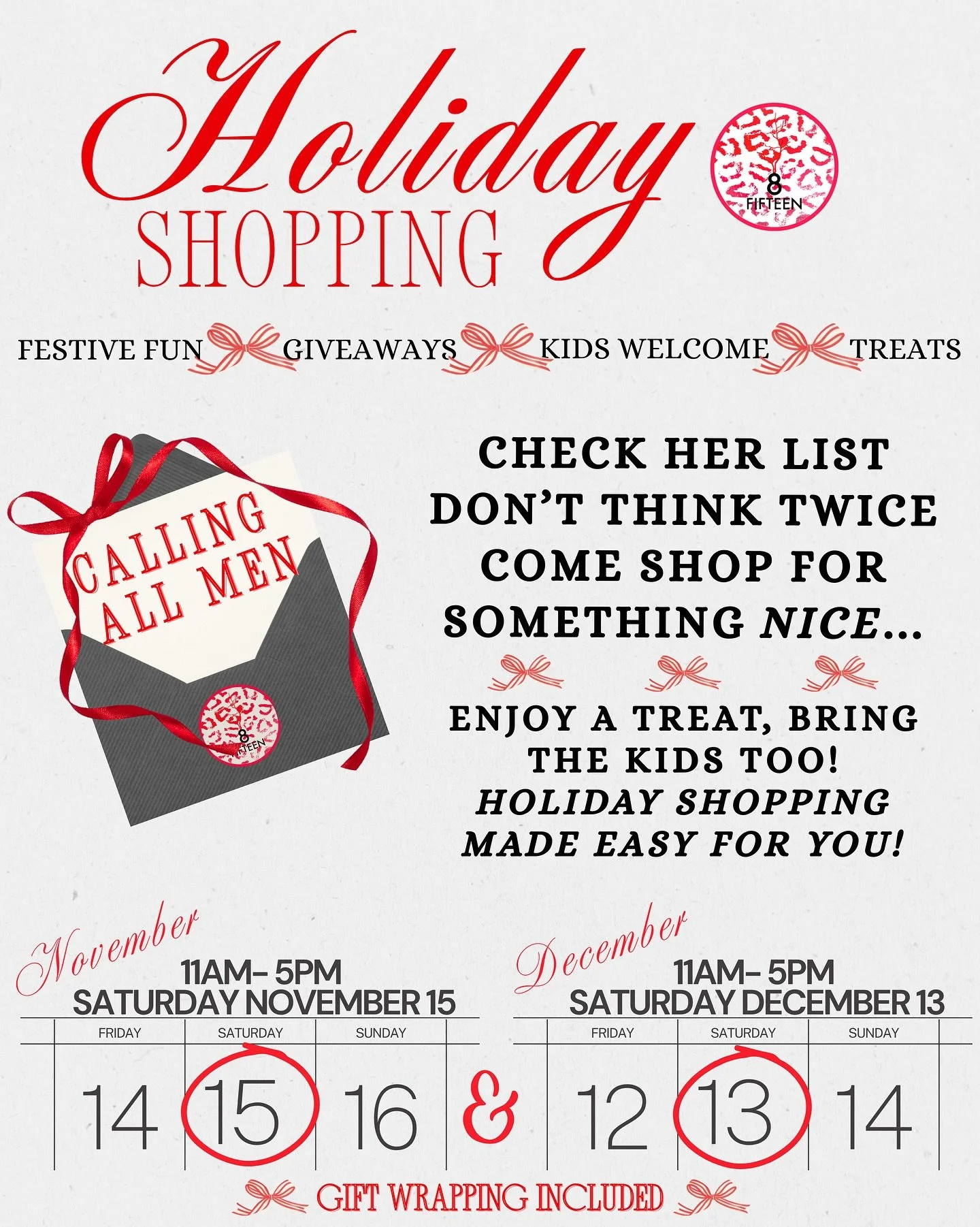 📣 Attention men, boyfriends, partners, best friends, etc 📣
Join us November 15th &amp; December 13th // 11am-5pm
🎁 let&rsquo;s have some fun &amp; find the perfect gifts ✨
🎁 kids welcome 🍩🧸🧩
🎁 enter to win festive prizes 🏆 

#shopsmall #shop