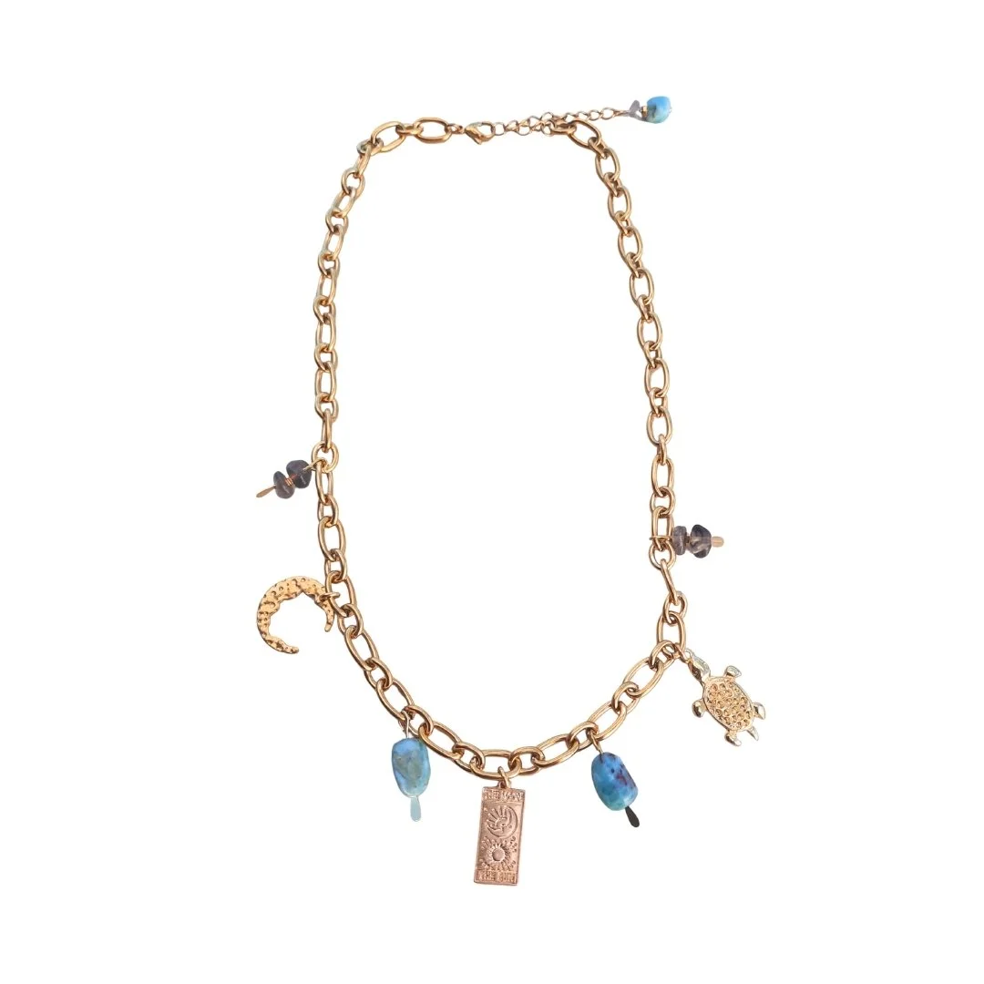 Collier SOLUNIA  en Chaîne Larimar, Quartz Fumé et Arcane Tarot