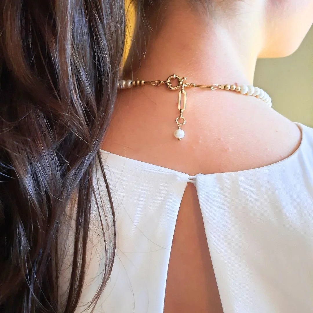 Collier Rétro Perles Baroques Blanches Nacré & Cristaux - Ancien, état Impeccable